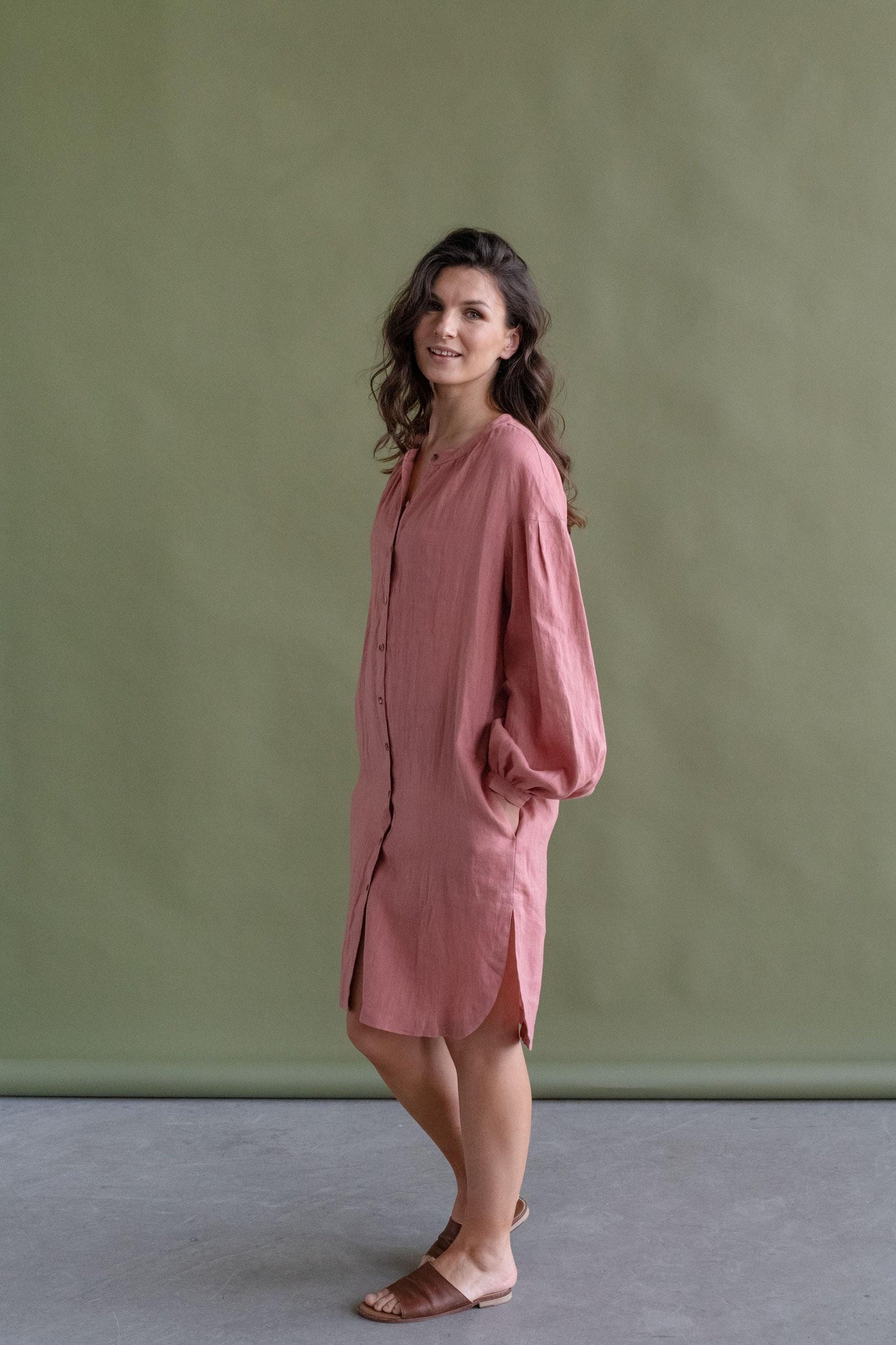 Linen Midi Shirt Dress by Solen Mara | Long Puff Sleeve Linen Dress | Dress With Pockets | Summer Shirt Dresses For Women, Button Front