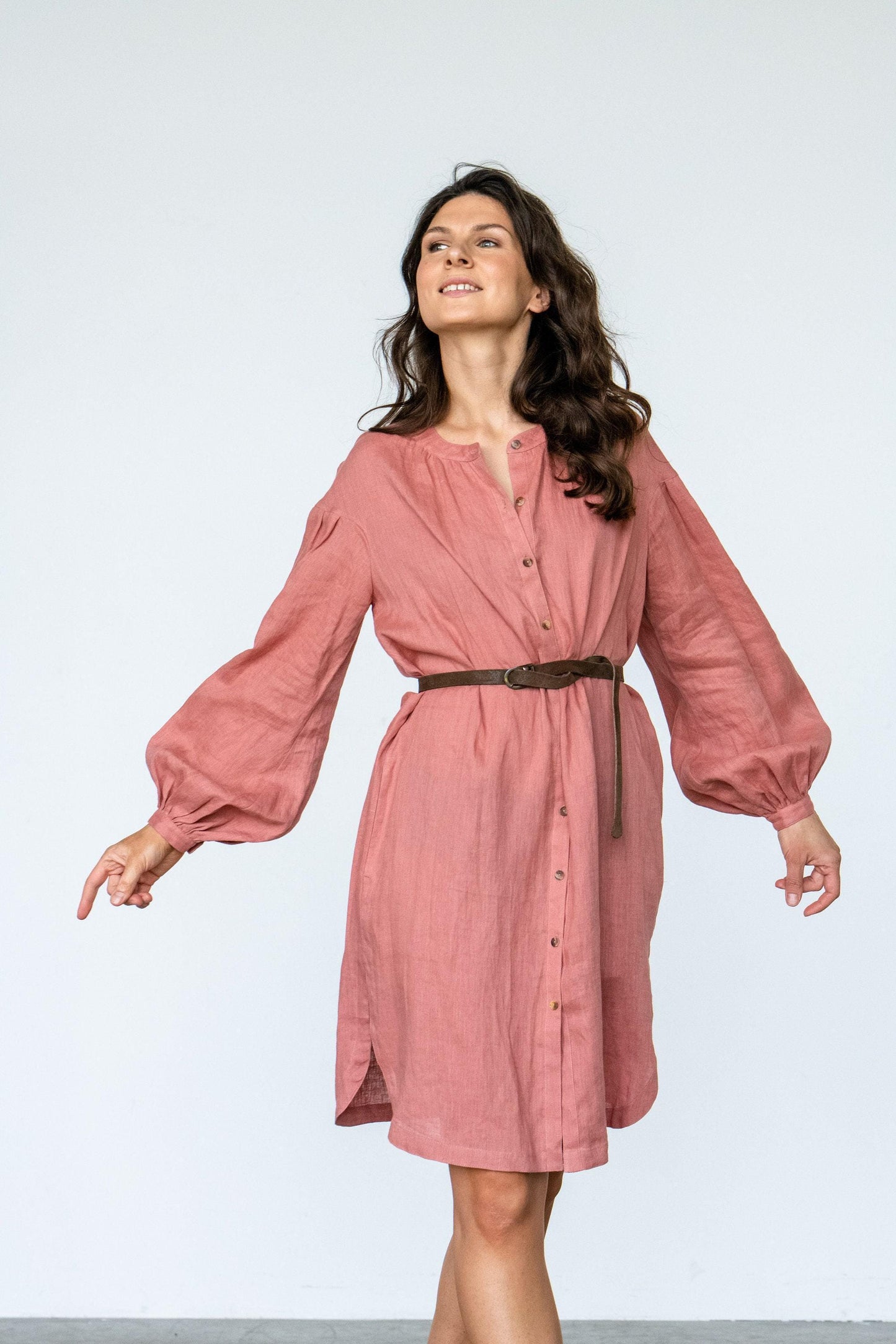 Linen Midi Shirt Dress by Solen Mara | Long Puff Sleeve Linen Dress | Dress With Pockets | Summer Shirt Dresses For Women, Button Front