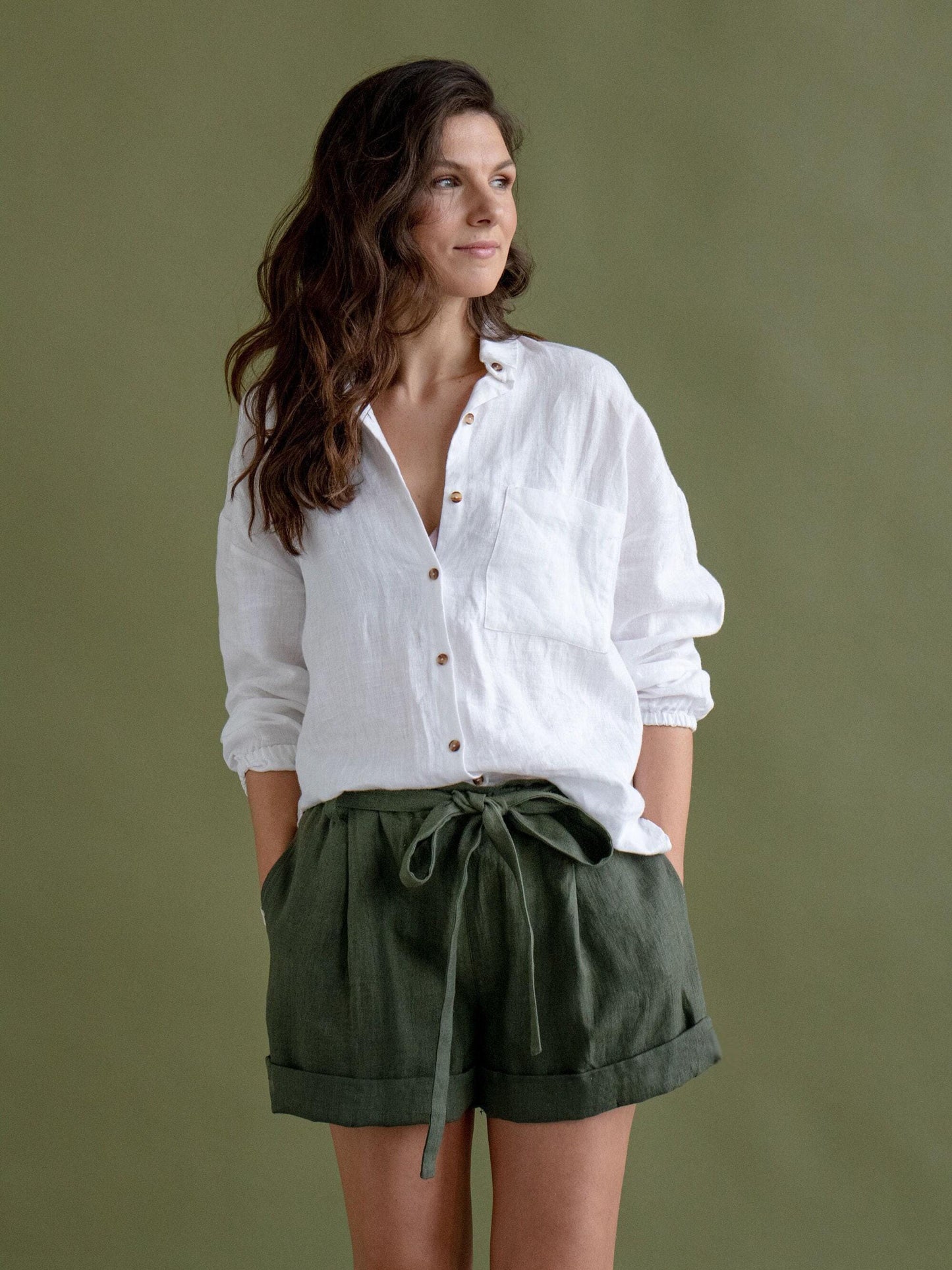 Green Linen Shorts by Solen Mara | Pleated High-rise Pure Linen Shorts | Great For Summer & Beach | Cute Shorts For Women | Elastic Tie Waist