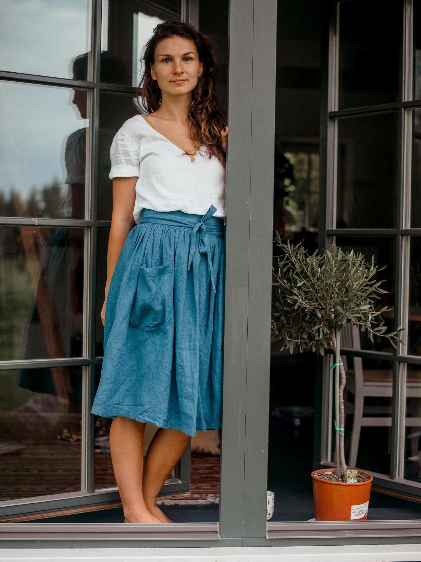 Linen Midi Skirt With Tie Waist by Solen Mara | Women's Skirts For Summer | High Waist | Side Pockets | Teal Blue Color