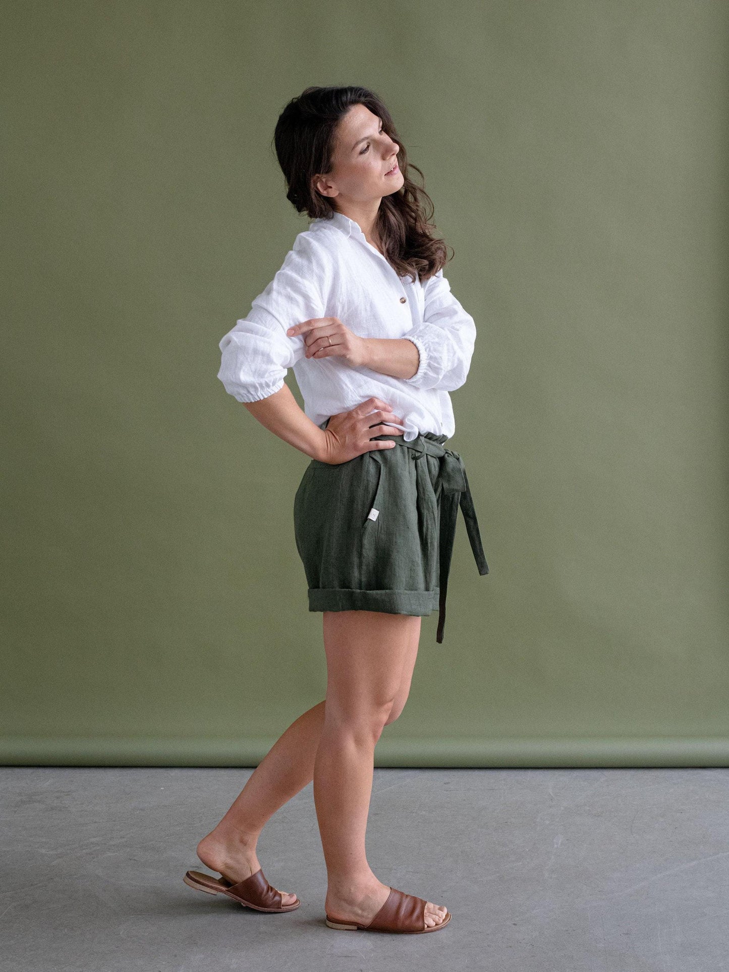 Green Linen Shorts by Solen Mara | Pleated High-rise Pure Linen Shorts, Great For Summer & Beach | Cute Shorts For Women | Elastic Tie Waist