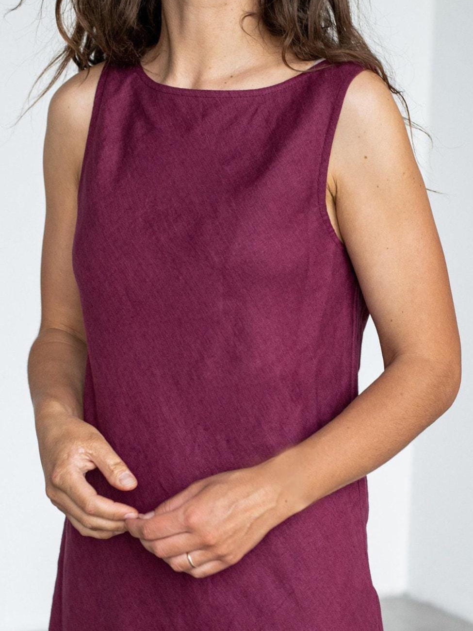 Simple Linen Dress by Solen Mara | Claret Red Color | Reversible V-Neck Sleeveless Dress | Midi Linen Summer Dress