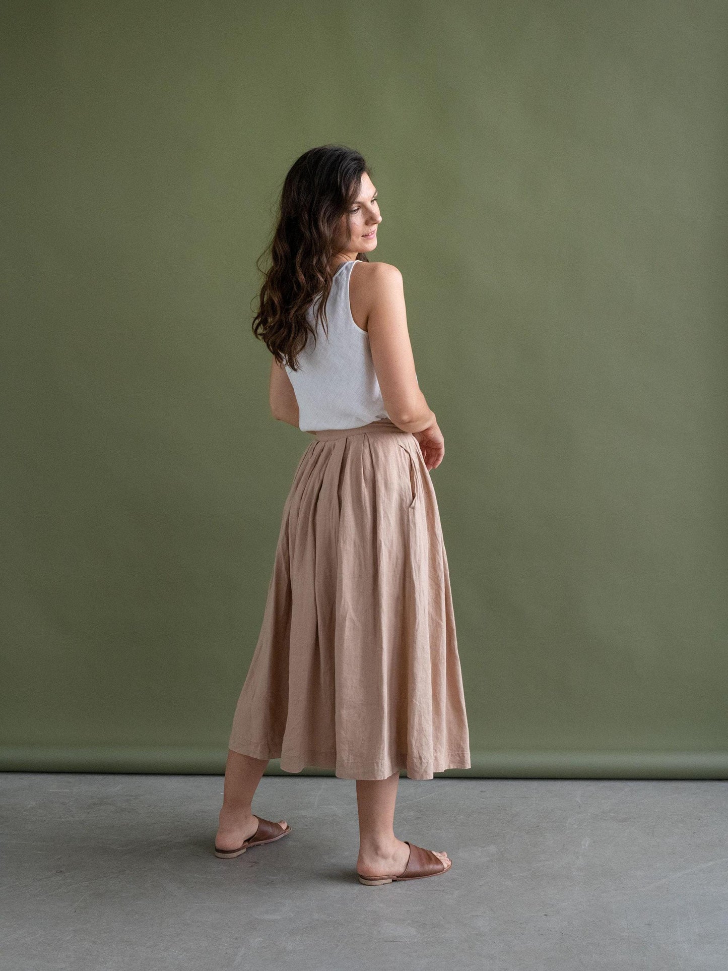 Linen Skirt With Buttons in Beige by Solen Mara | With Pockets | Maxi Length | High Waist A-Line Shape | Summer Skirt For Women