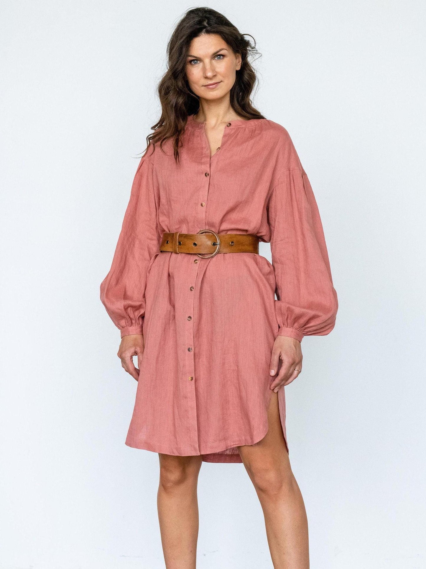 Linen Midi Shirt Dress With Puff Sleeves in Customizable Color