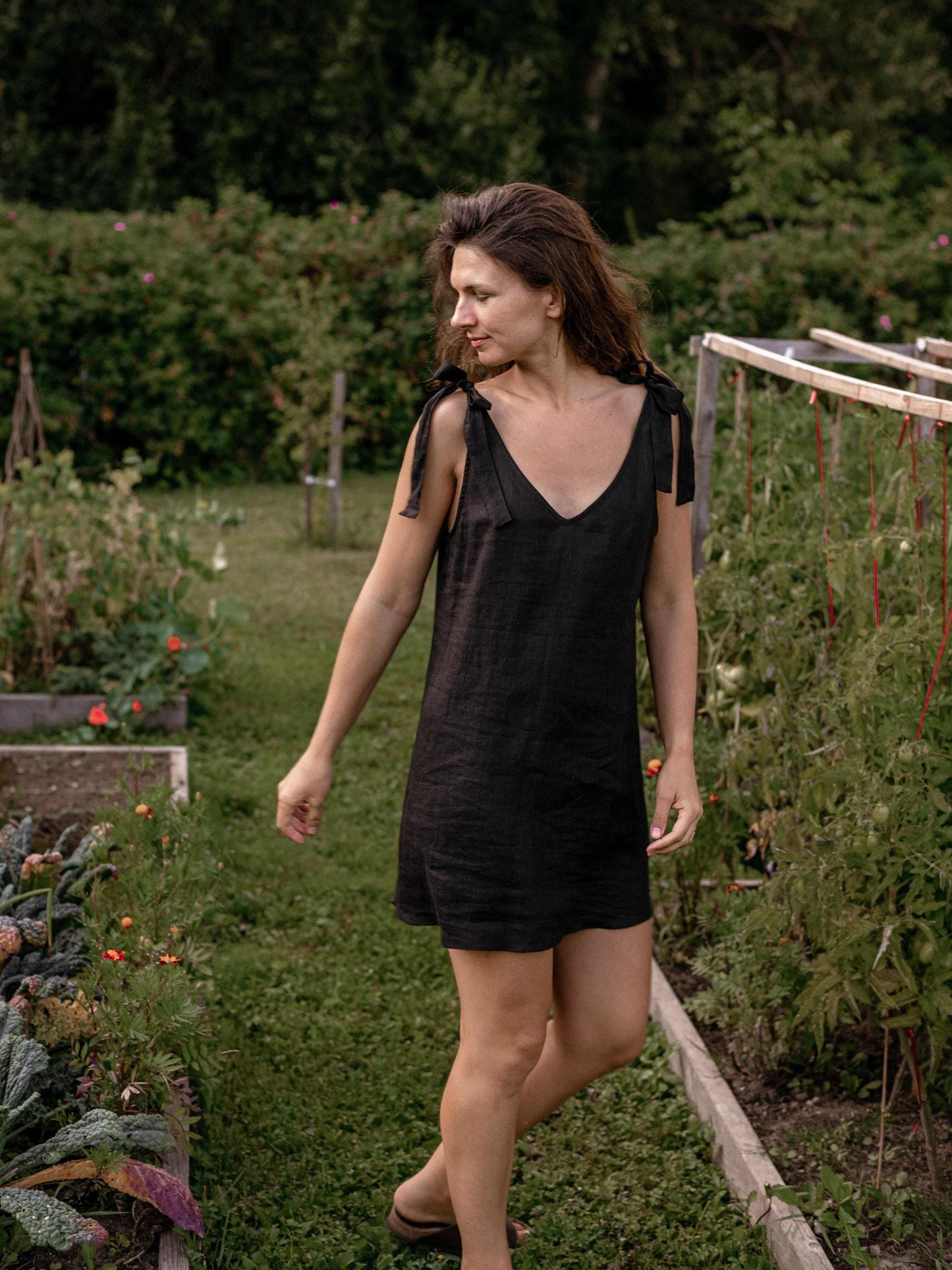 Simple Linen Mini Dress by Solen Mara | Black V-Neck Linen Dress | Short Linen Summer Dress For Women