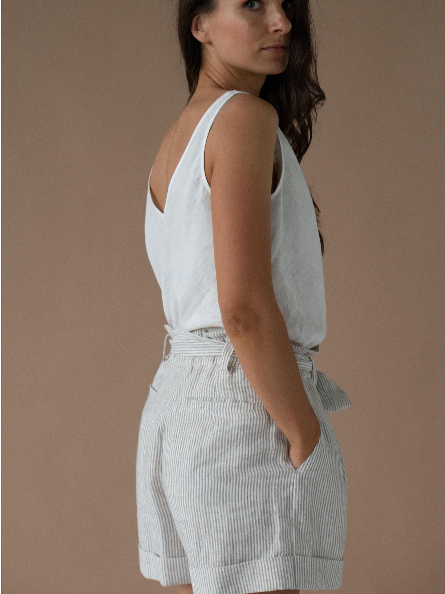 Striped Linen Shorts by Solen Mara | Pleated High-rise Pure Linen Shorts | Great For Summer & Beach | Cute Shorts For Women | Elastic Tie Waist