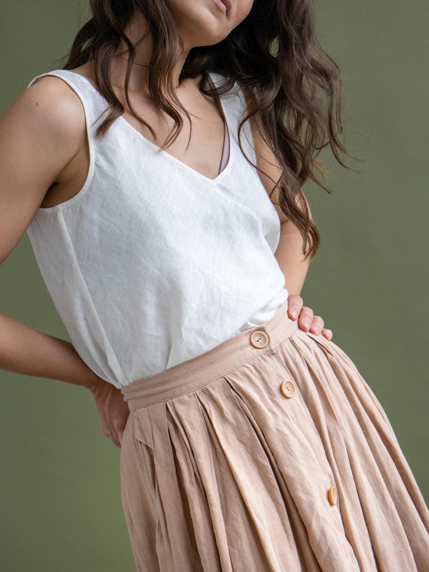 Linen Skirt With Buttons in Beige by Solen Mara | With Pockets | Maxi Length | High Waist A-Line Shape | Summer Skirt For Women