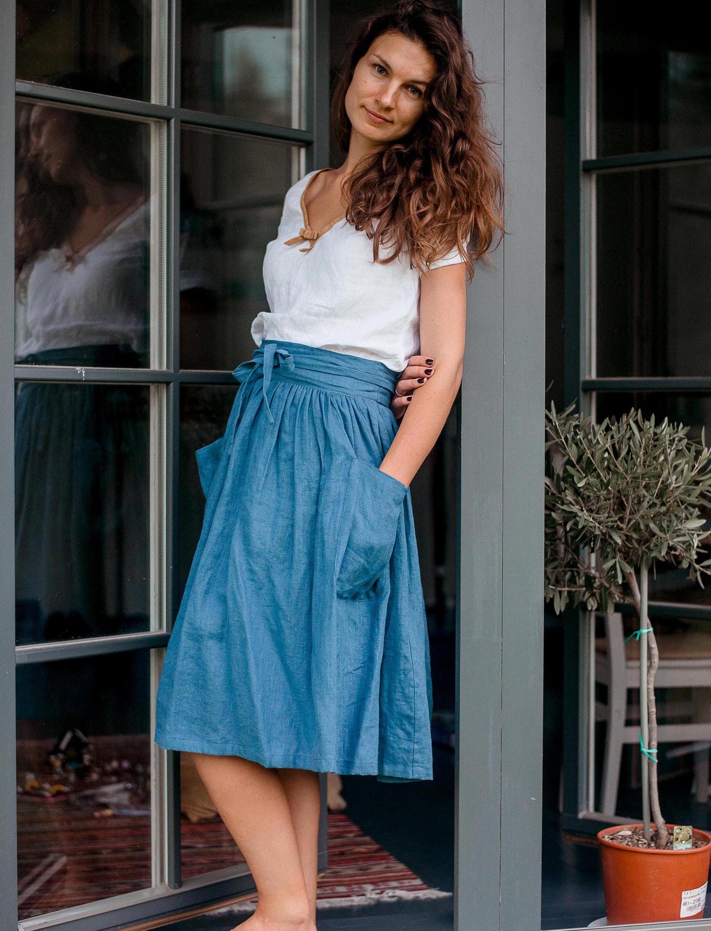 Linen Midi Skirt With Tie Waist by Solen Mara | Women's Skirts For Summer | High Waist | Side Pockets | Teal Blue Color