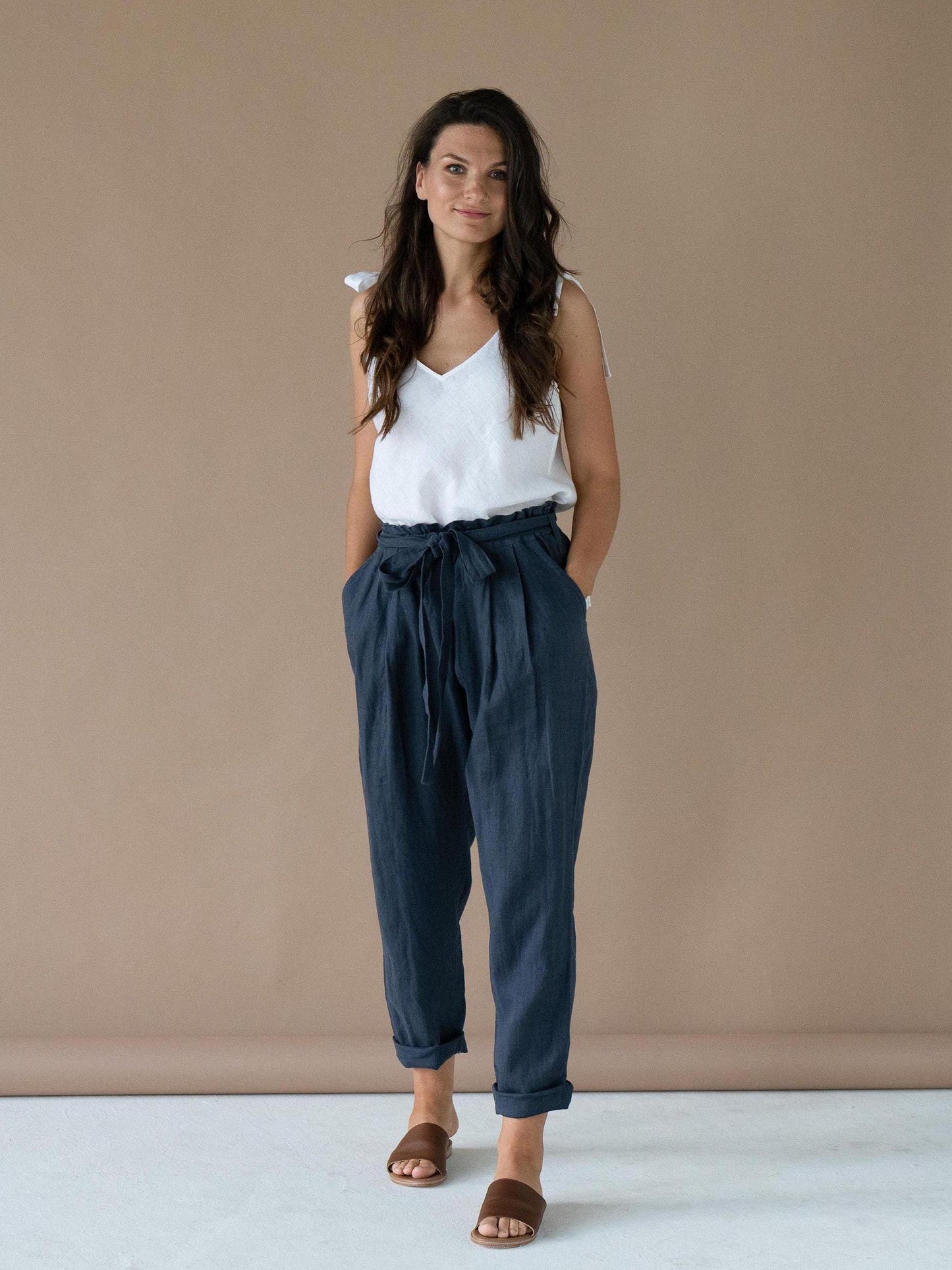 Blue Linen Pants | Elastic Waist | Women's Summer Beach Pants | Relaxed Fit | Pull On Pants | Linen Adjustable Capri Pants | Women & Ladies