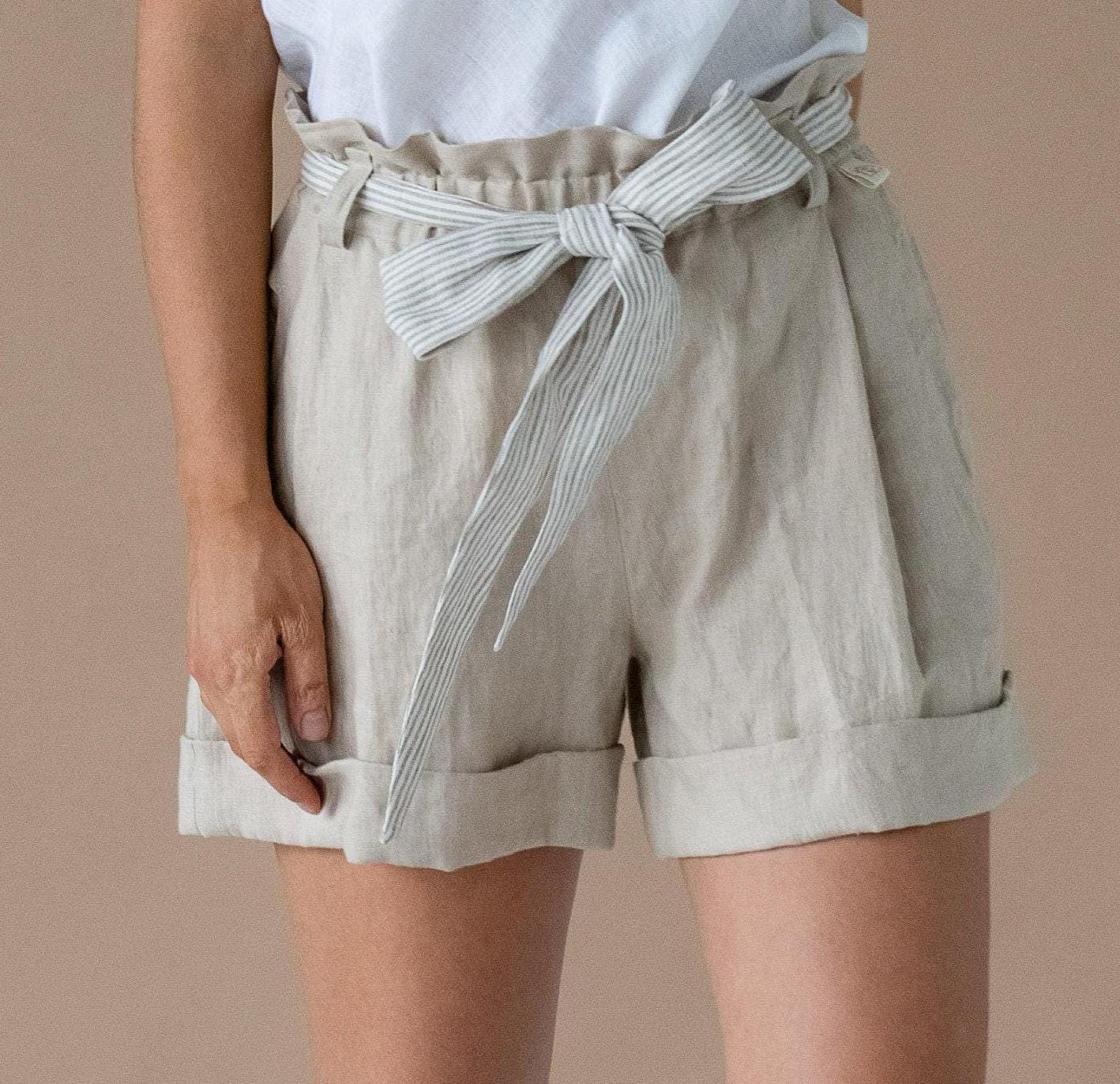 Beige Linen Shorts by Solen Mara | Pleated High-rise Pure Linen Shorts | Great For Summer & Beach | Cute Shorts For Women | Elastic Tie Waist