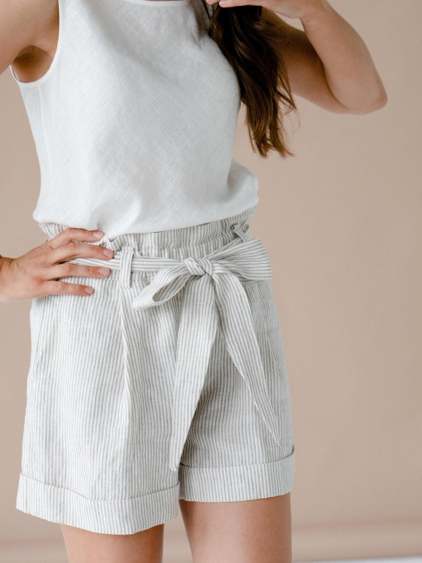 Striped Linen Shorts by Solen Mara | Pleated High-rise Pure Linen Shorts | Great For Summer & Beach | Cute Shorts For Women | Elastic Tie Waist