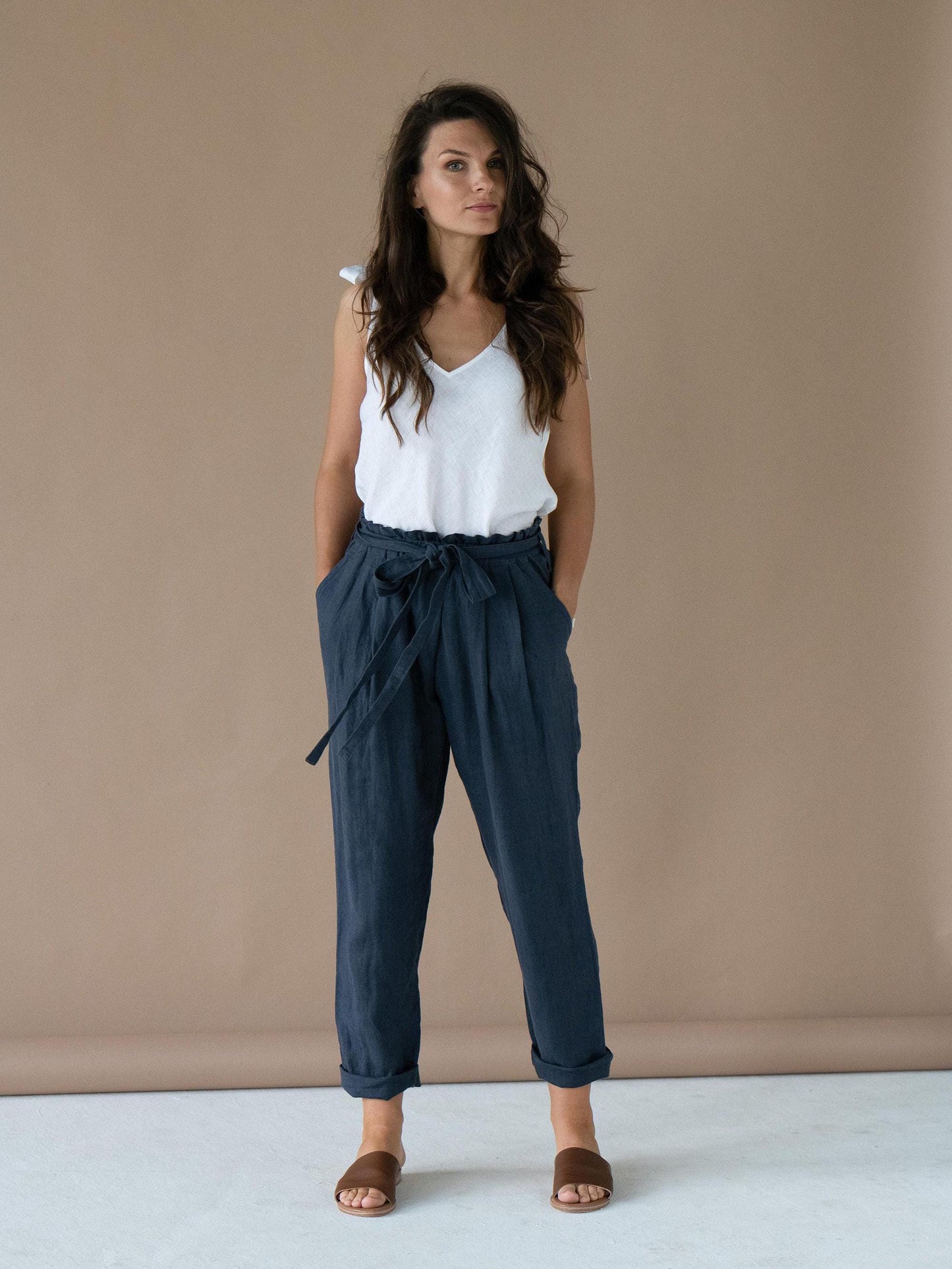 Blue Linen Pants | Elastic Waist | Women's Summer Beach Pants | Relaxed Fit | Pull On Pants | Linen Adjustable Capri Pants | Women & Ladies