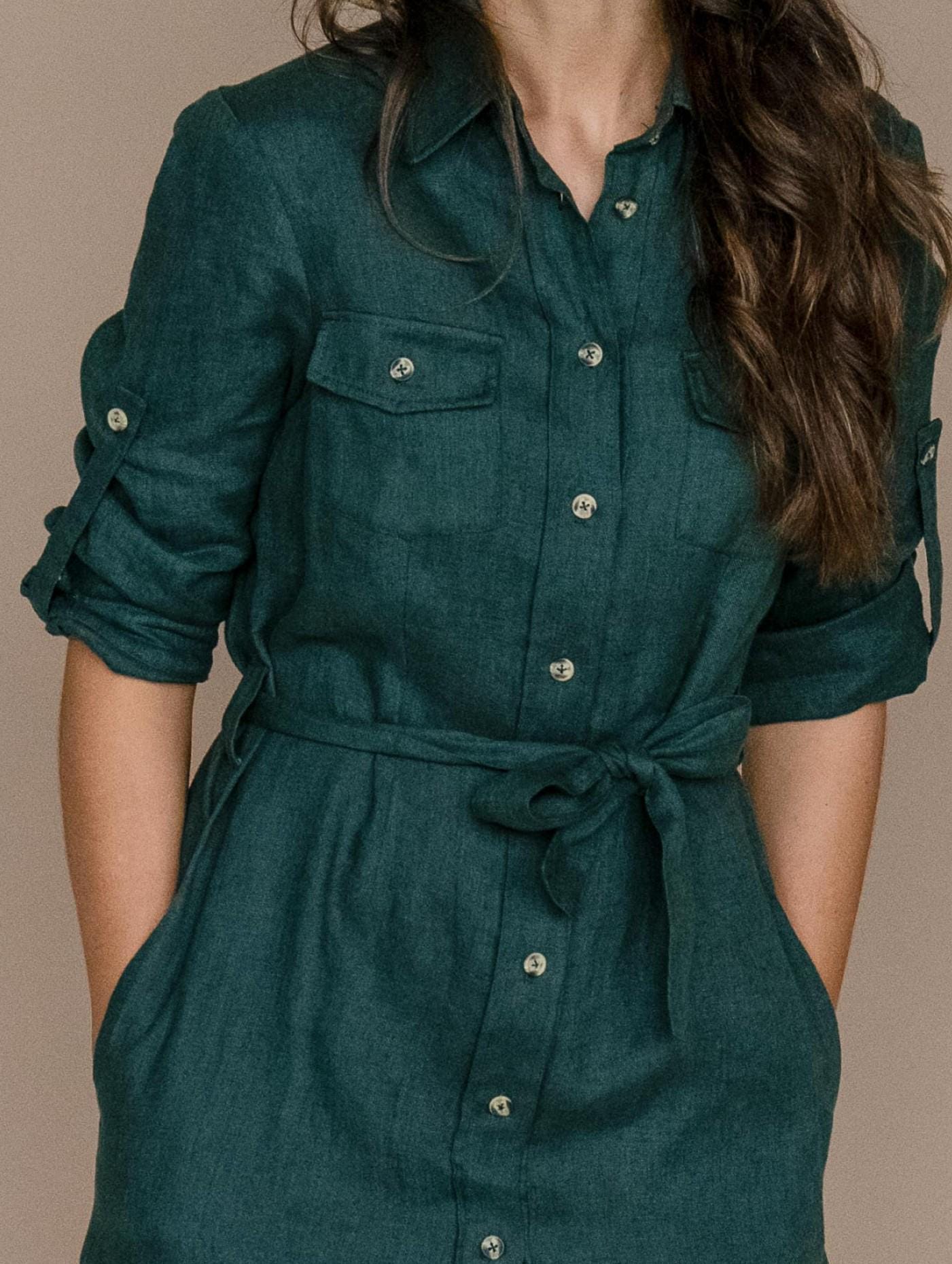 Linen Safari Dress by Solen Mara in Teal | Midi Collar Shirtdress | Front Buttons | With Utility Pockets, Roll Up Long Sleeve, Tie Waist