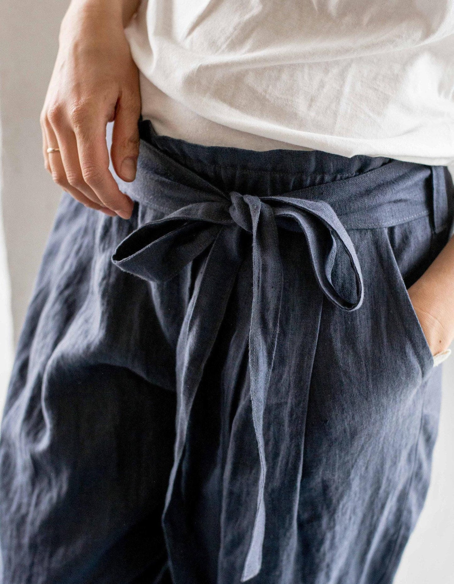 Blue Linen Pants | Elastic Waist | Women's Summer Beach Pants | Relaxed Fit | Pull On Pants | Linen Adjustable Capri Pants | Women & Ladies