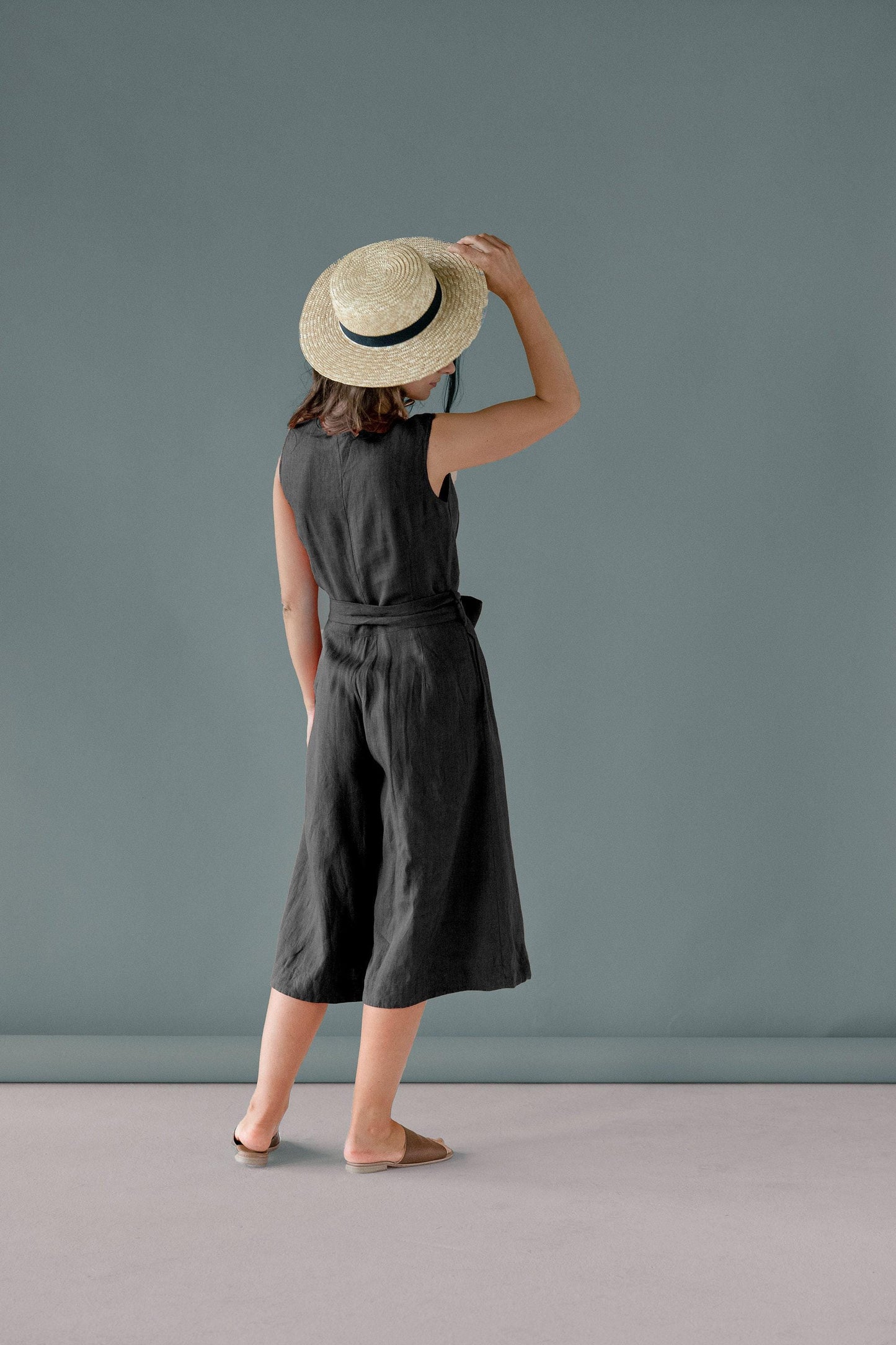 Linen Jumpsuit in Black by Solen Mara | Romper With Wide Legs & Pockets | Women Sleeveless Overall For Summer | Timeless Resort Wear
