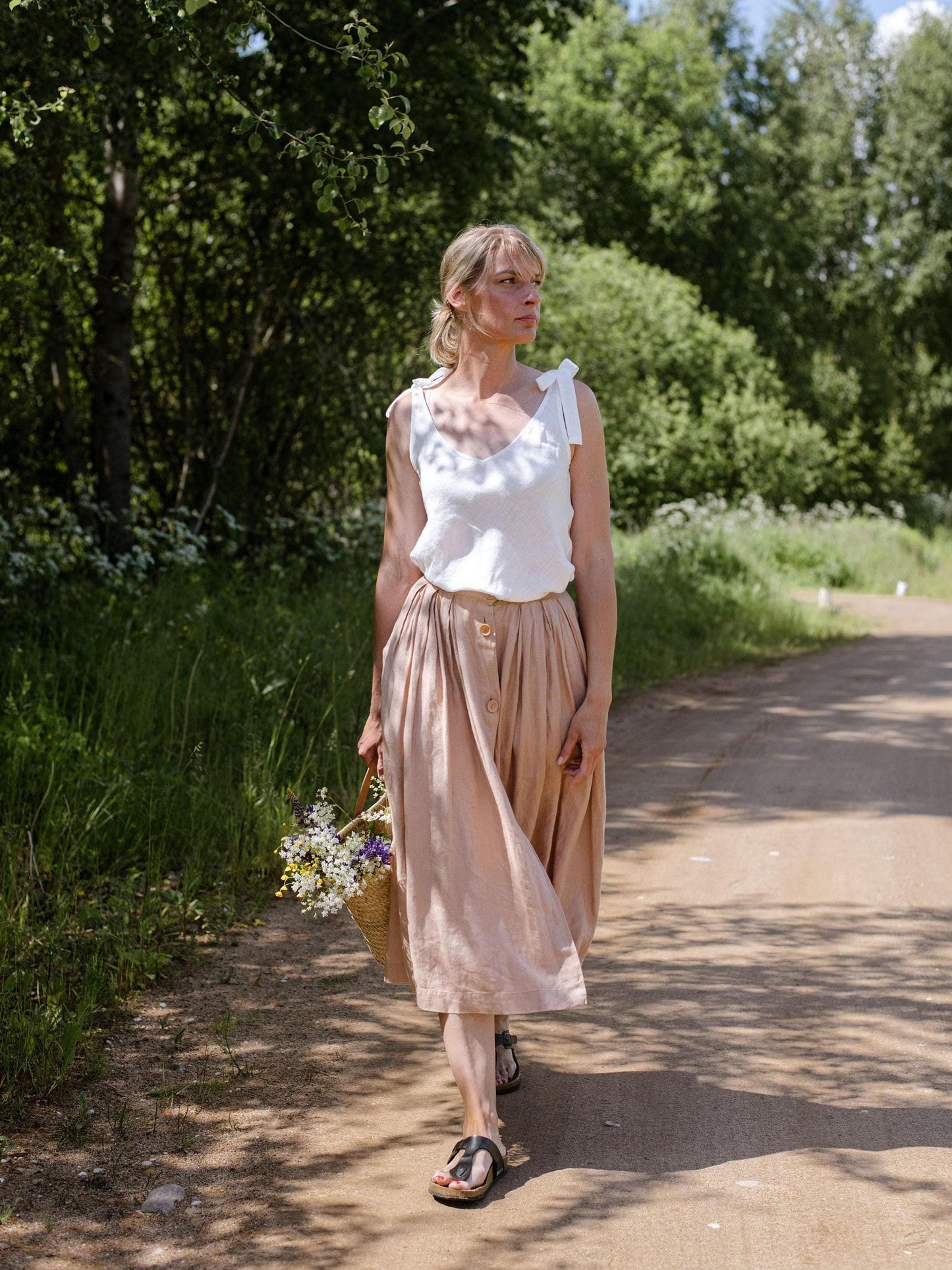 Linen Skirt With Buttons in Beige by Solen Mara | With Pockets | Maxi Length | High Waist A-Line Shape | Summer Skirt For Women