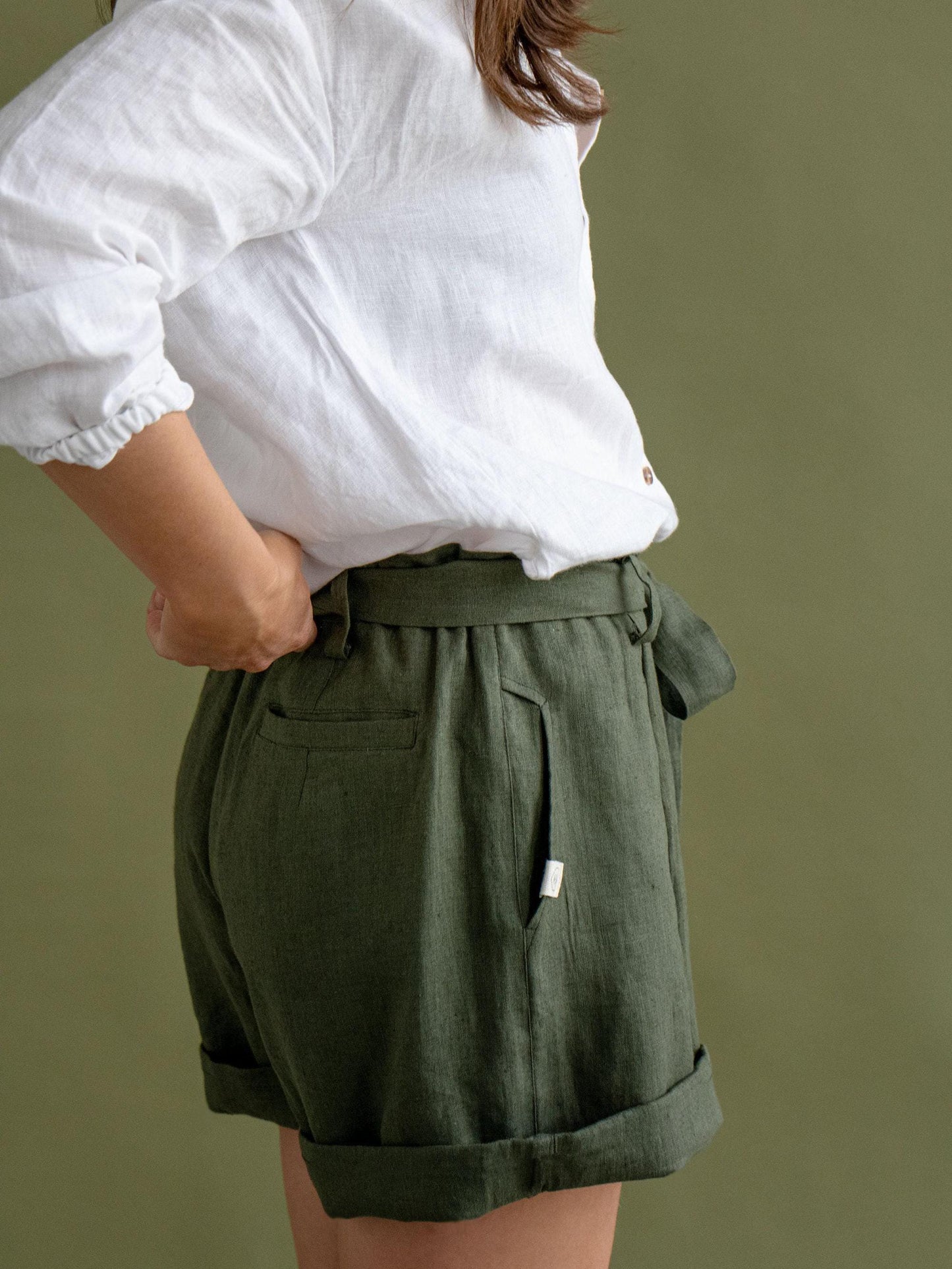 Green Linen Shorts by Solen Mara | Pleated High-rise Pure Linen Shorts, Great For Summer & Beach | Cute Shorts For Women | Elastic Tie Waist