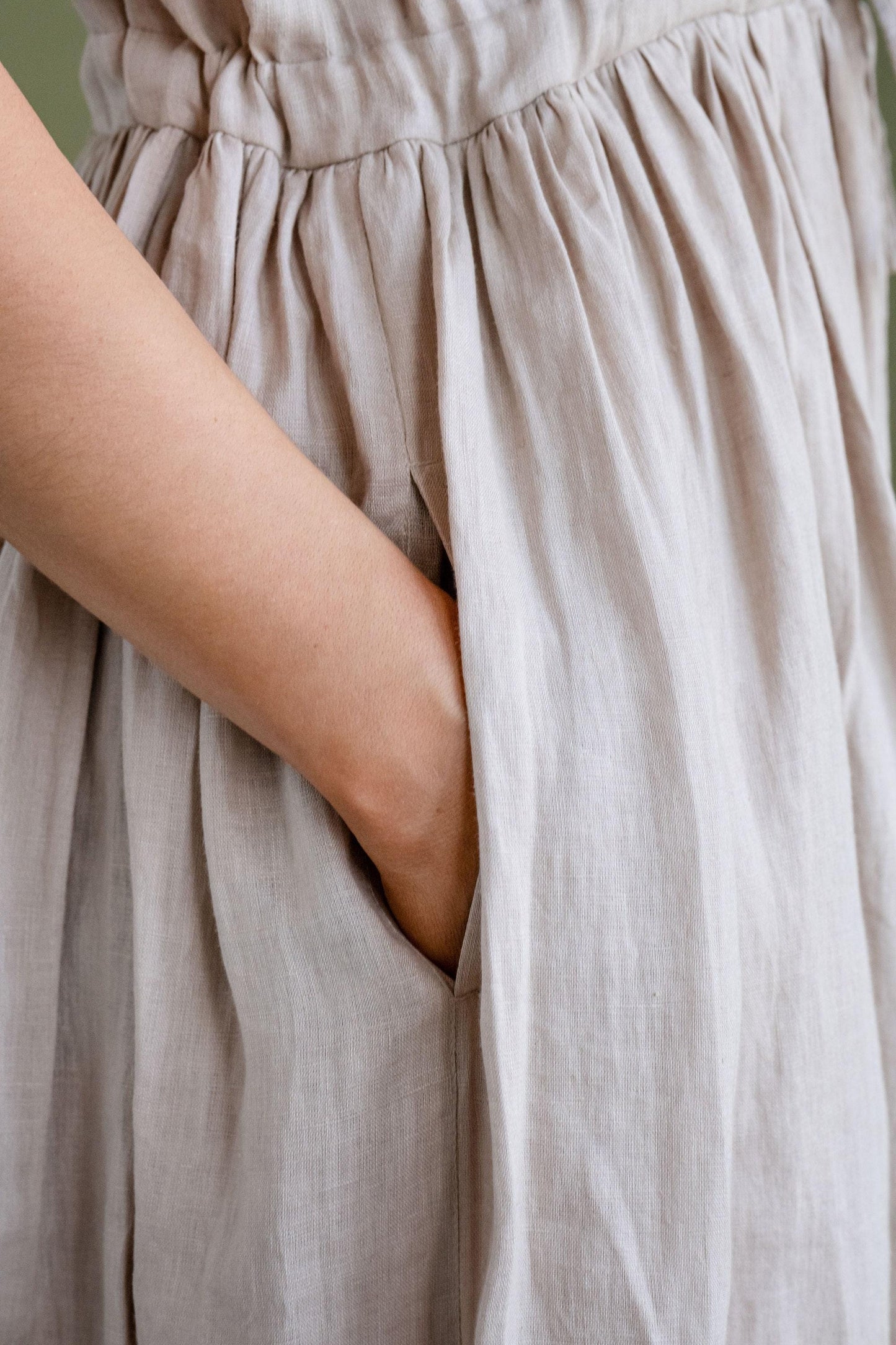 Linen Midi Dress in Beige by Solen Mara | Front Buttons & Pockets | Flowy Sleeveless Summer Linen Dress