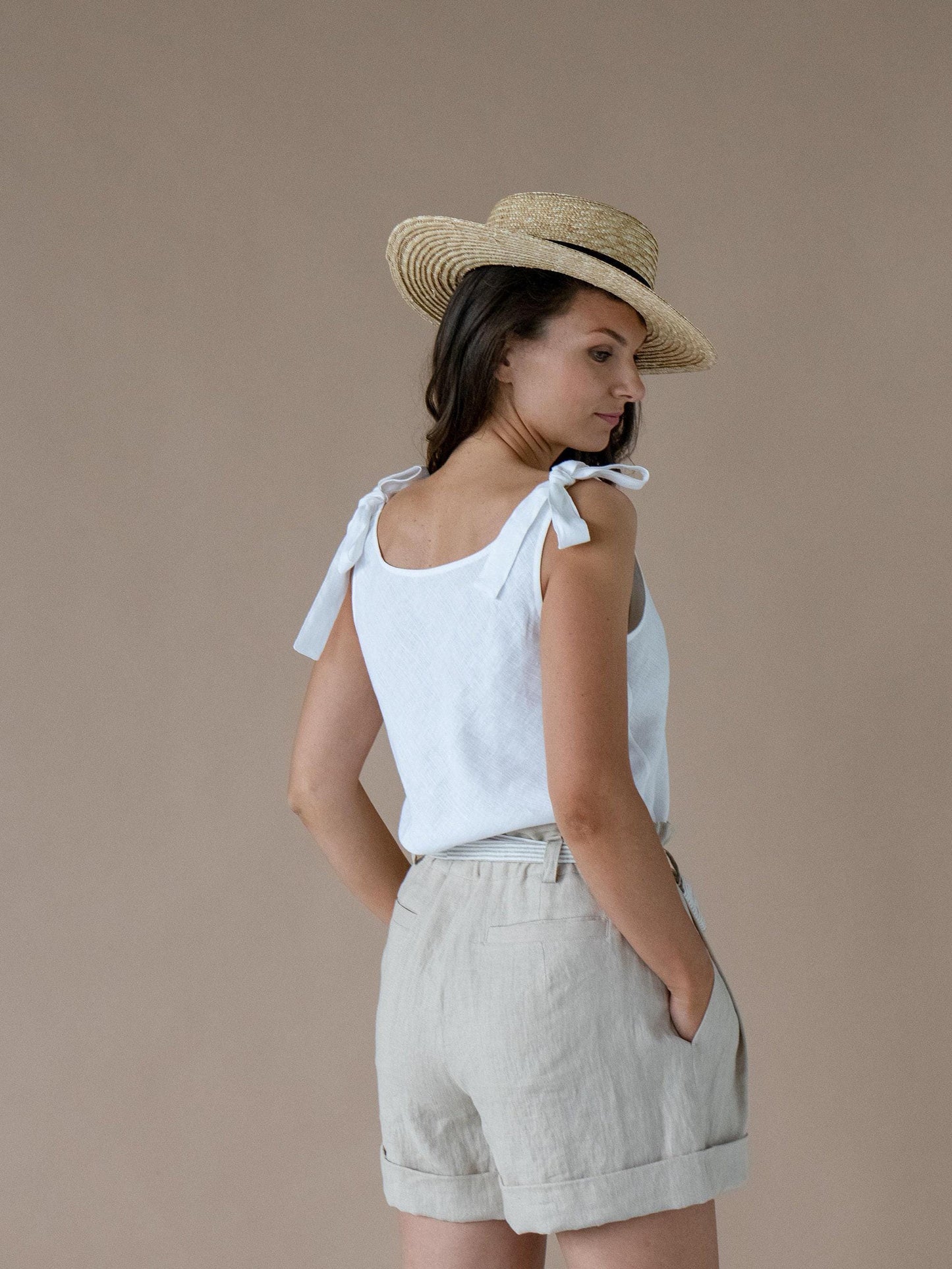 Beige Linen Shorts by Solen Mara | Pleated High-rise Pure Linen Shorts, Great For Summer & Beach | Cute Shorts For Women | Elastic Tie Waist