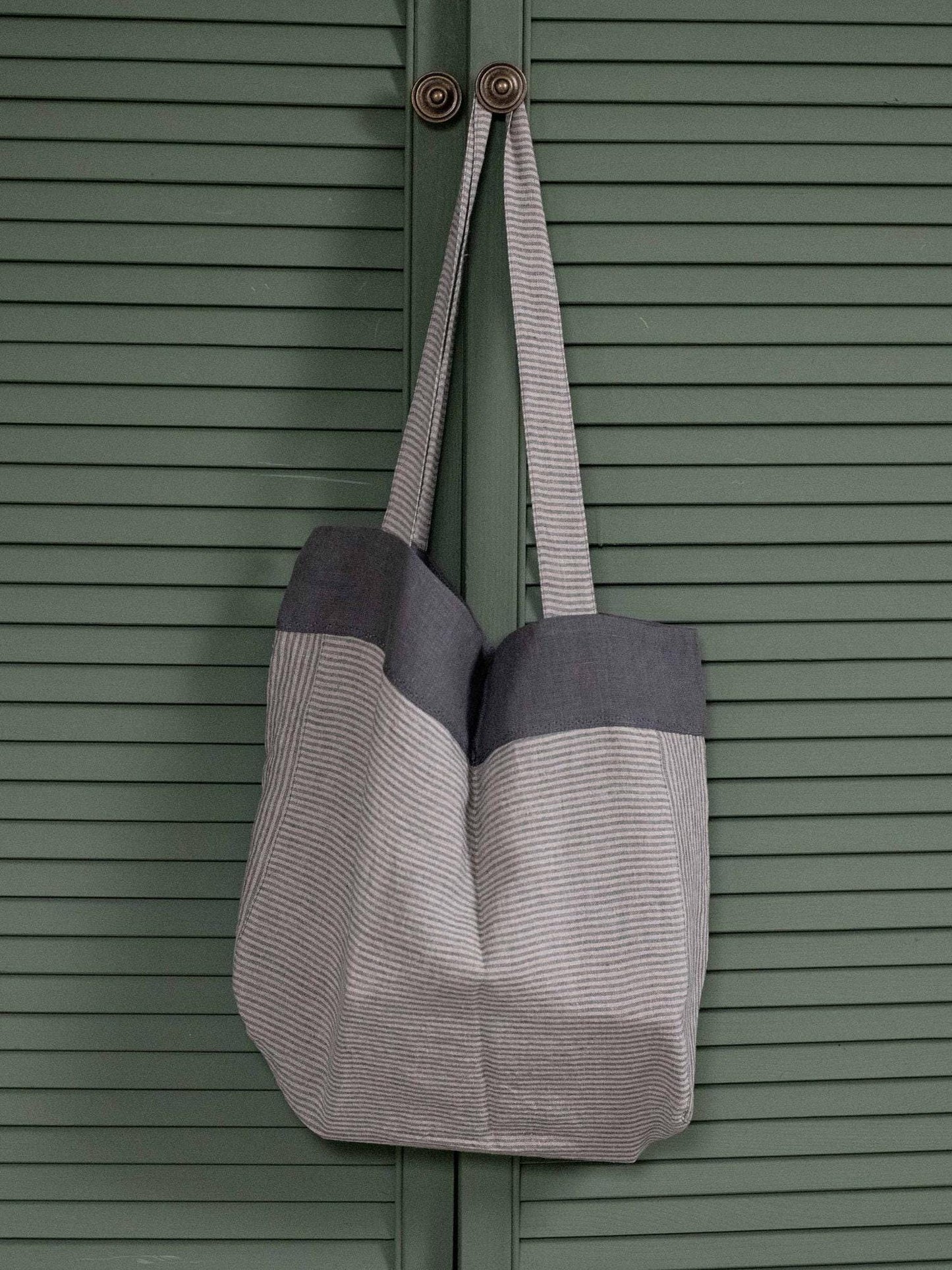 Linen Tote Bag in Stripes | Pure Linen Shoulder Bag | Reusable Linen Beach Bag | Large Linen Shopping Bag