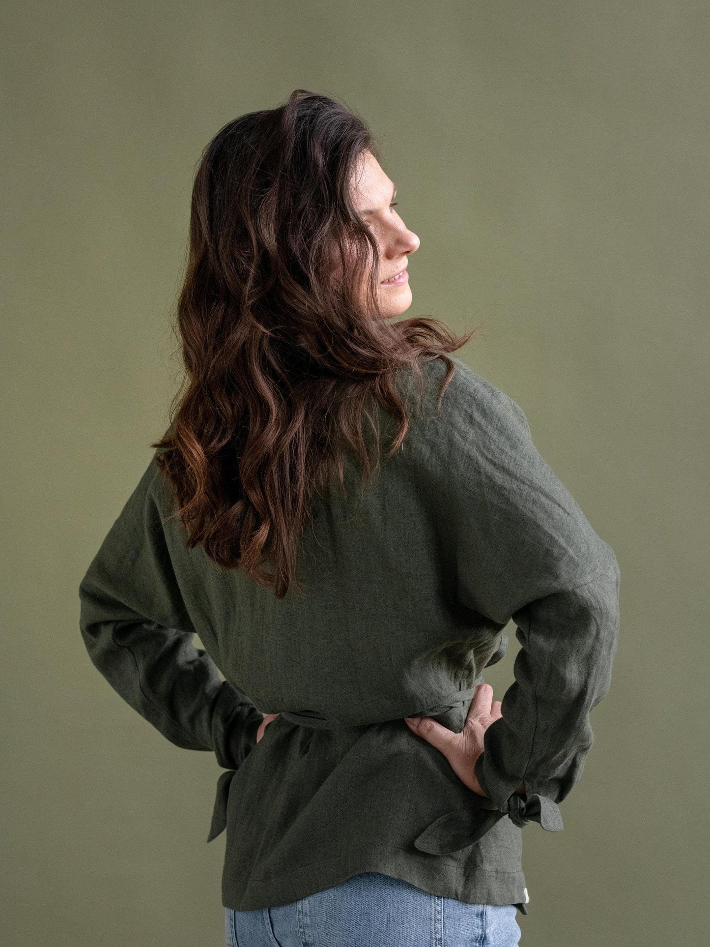 Linen Kimono Wrap Top by Solen Mara | Green Linen V-Neck Blouse With Long Sleeves | Summer Resort Wear For Women