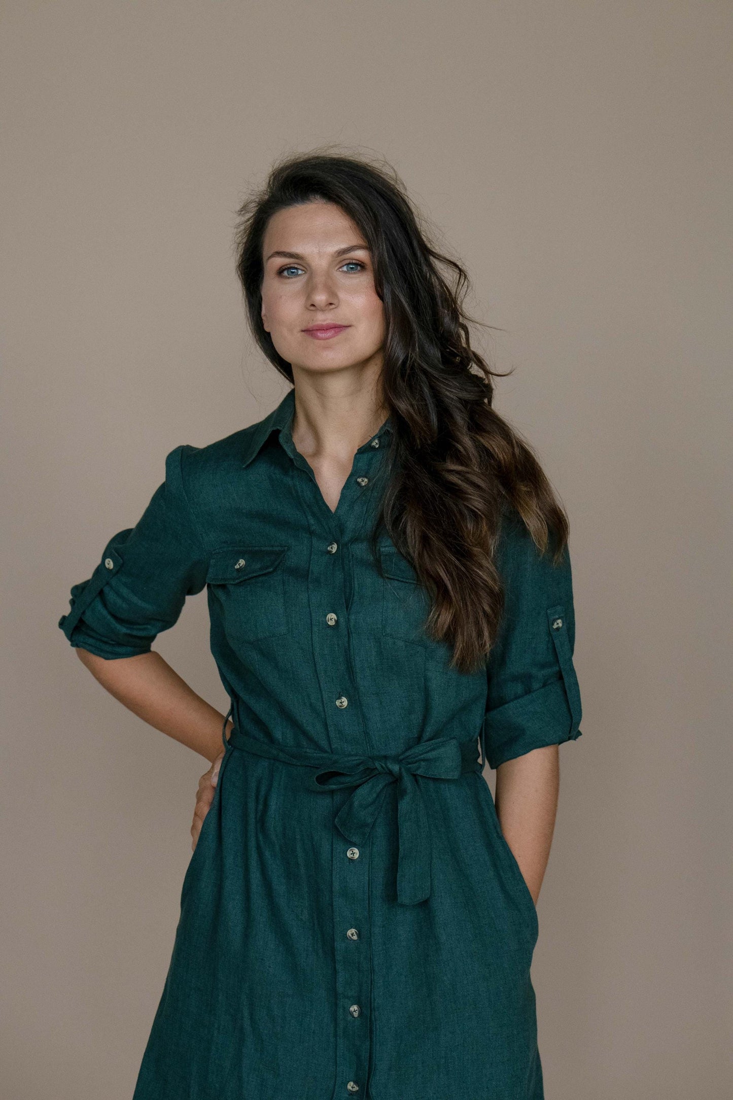 Linen Safari Dress by Solen Mara in Teal | Midi Collar Shirtdress | Front Buttons | With Utility Pockets, Roll Up Long Sleeve, Tie Waist