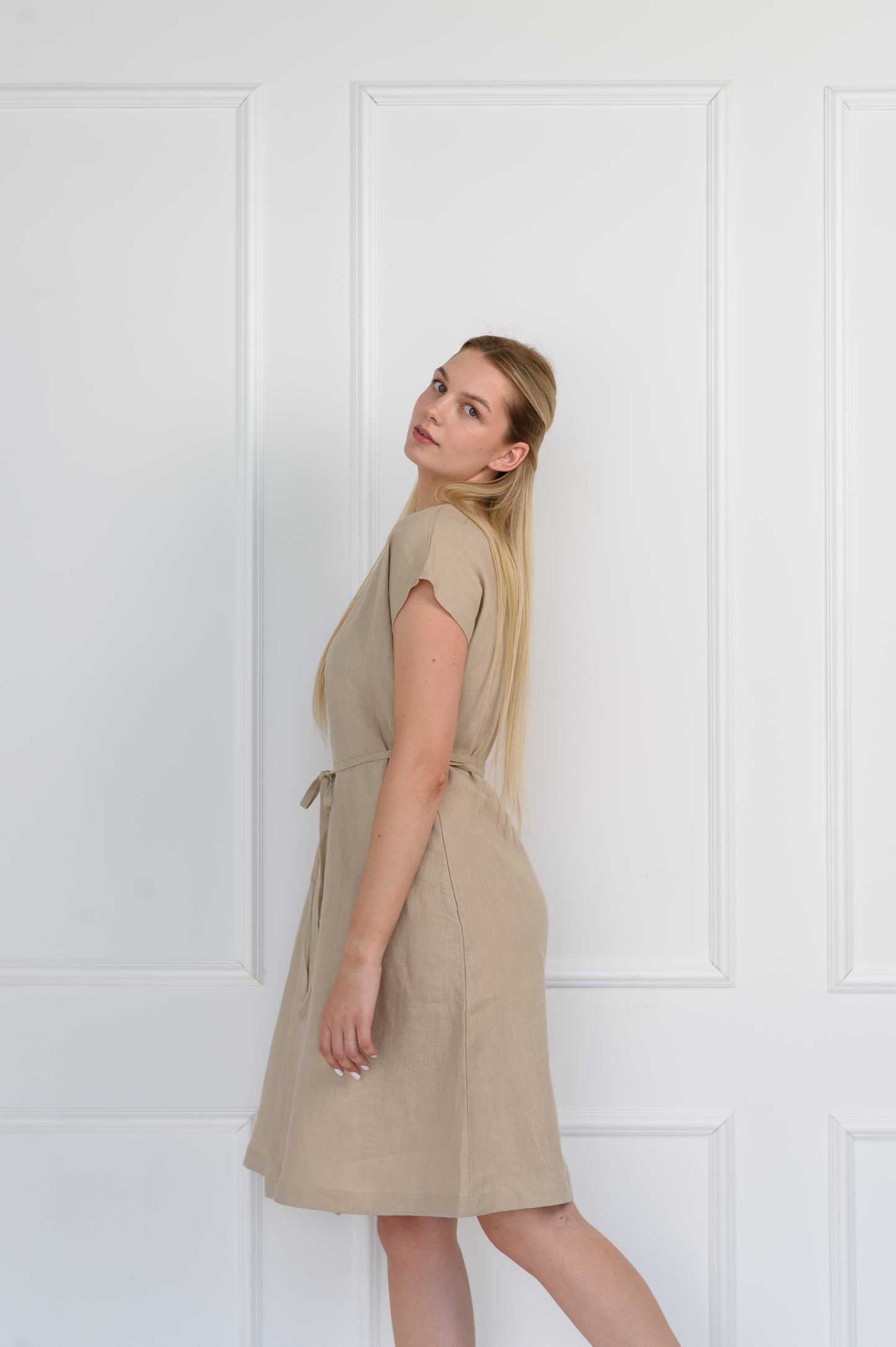Wrap Linen Dress in Beige