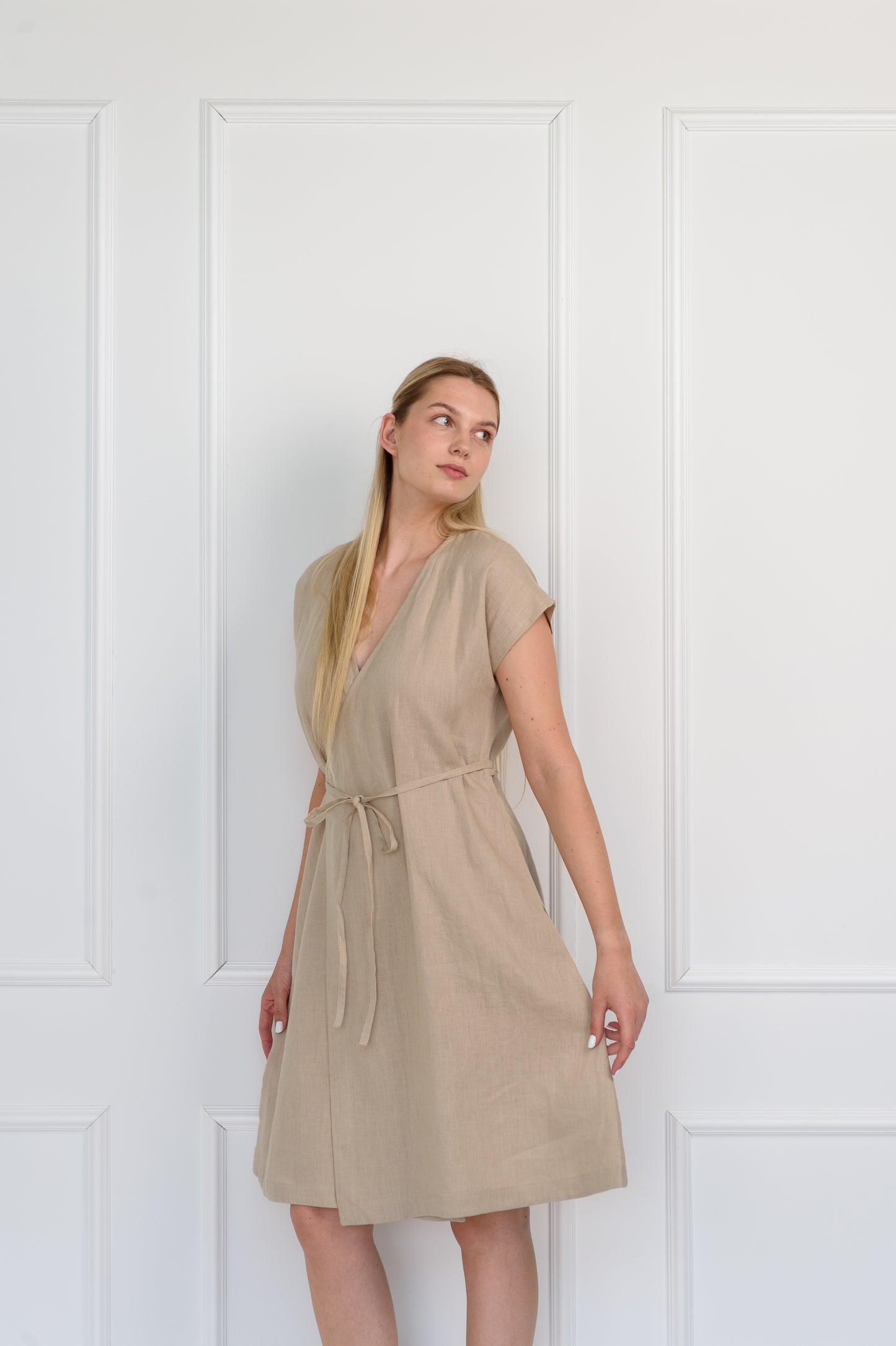 Wrap Linen Dress in Beige