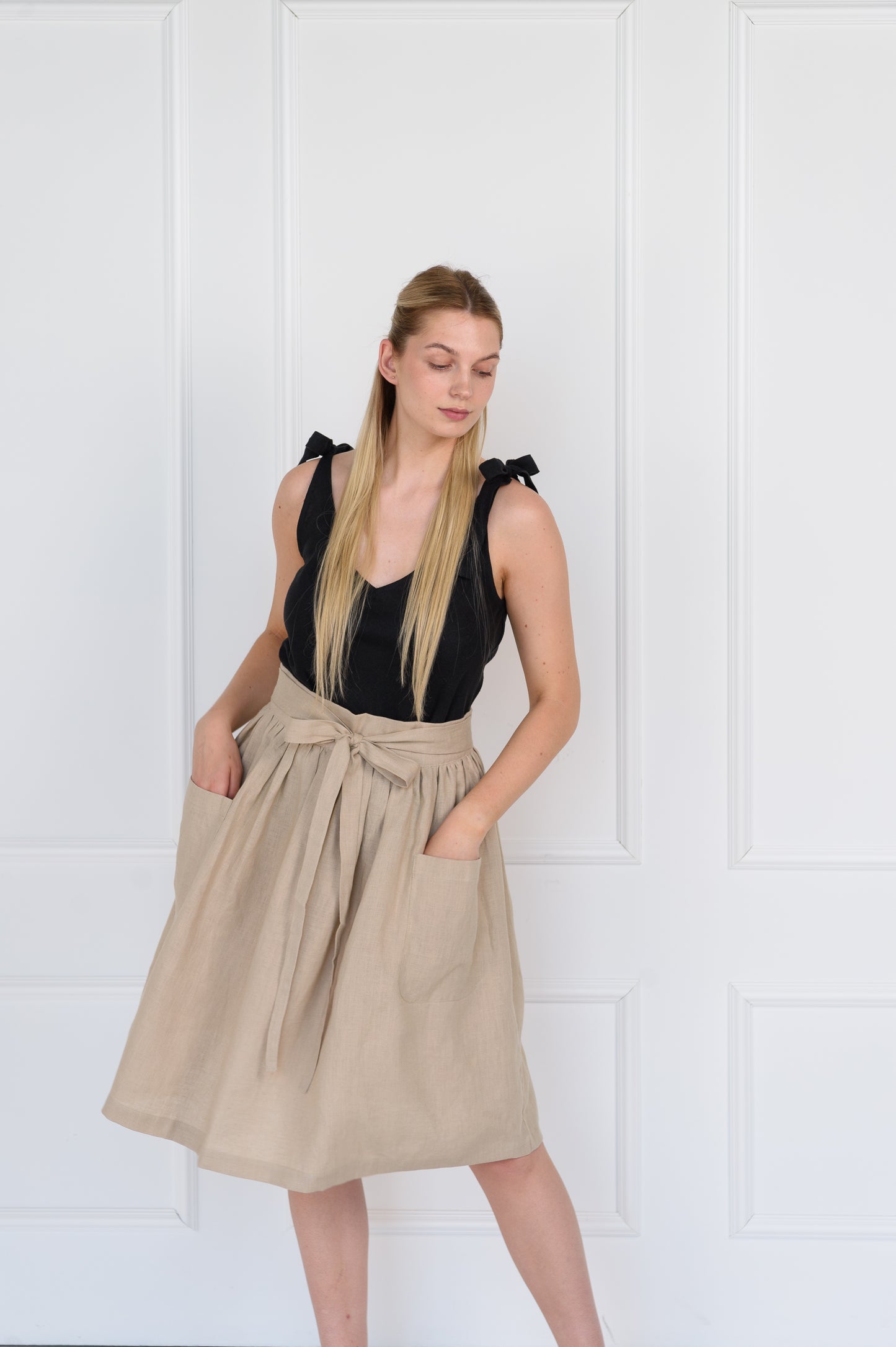 Linen Midi Skirt With Pockets in Beige