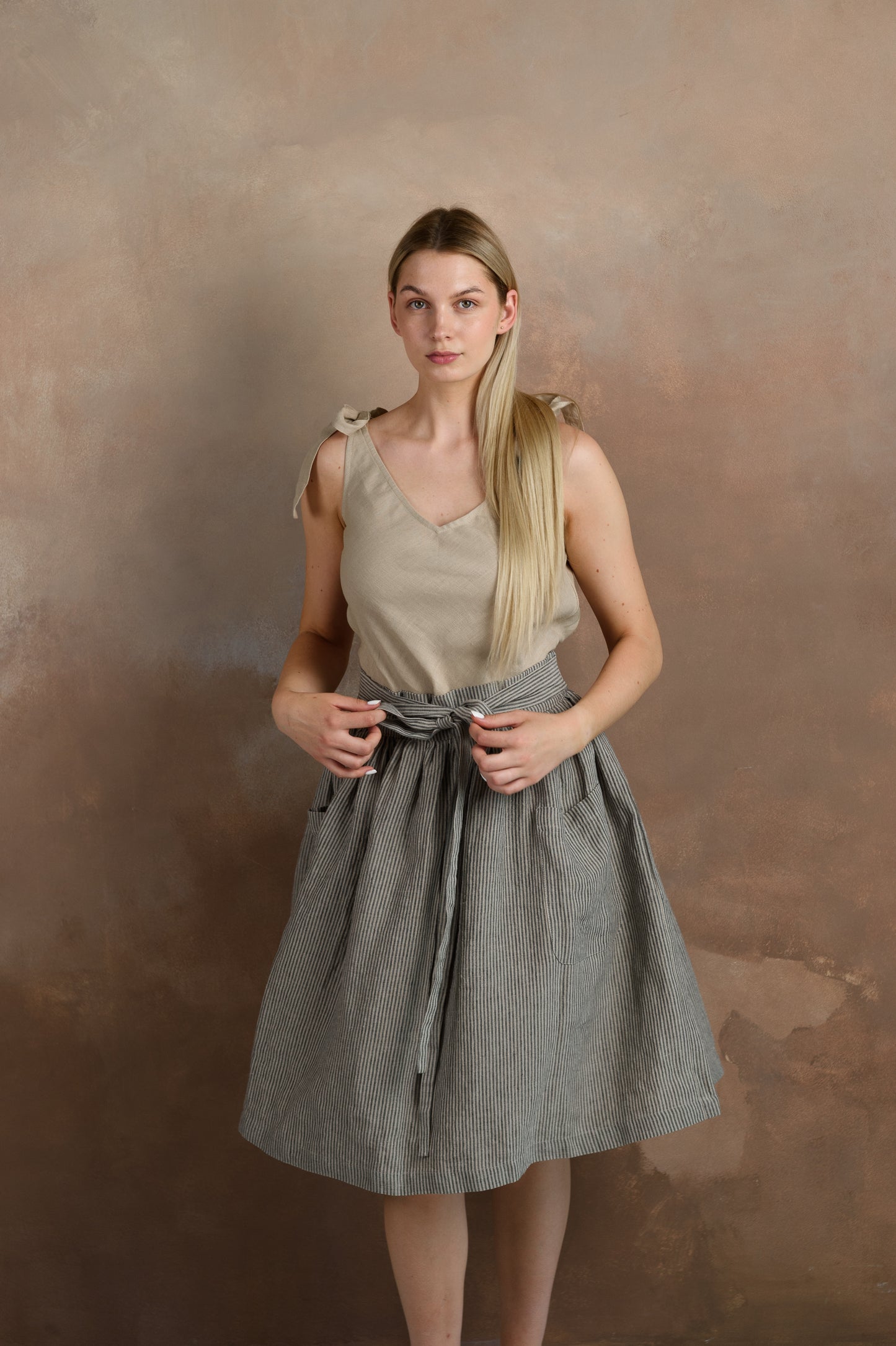 Linen Midi Skirt With Pockets in Stripes