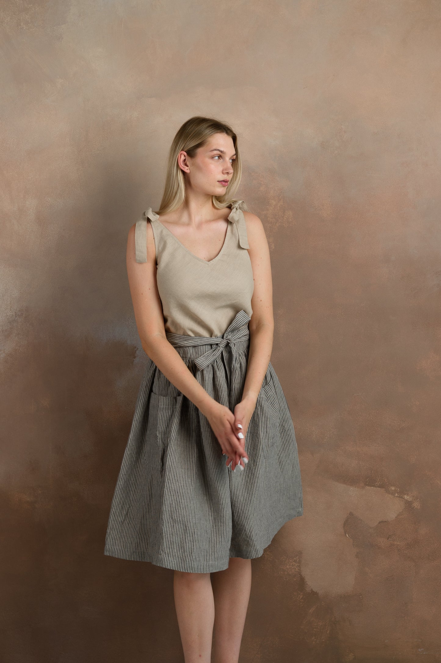 Linen Midi Skirt With Pockets in Stripes