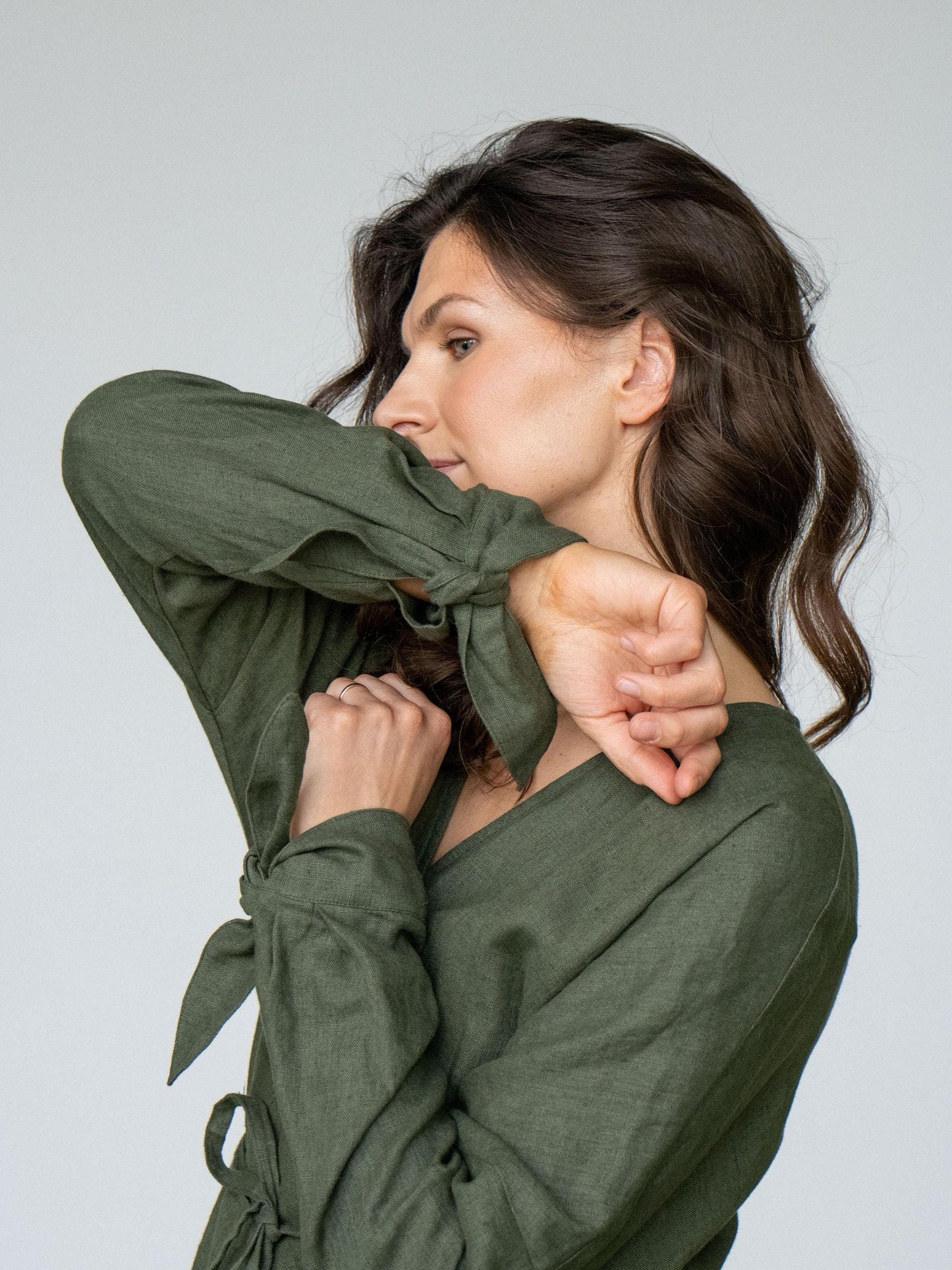 Linen Kimono Wrap Top by Solen Mara | Green Linen V-Neck Blouse With Long Sleeves | Summer Resort Wear For Women