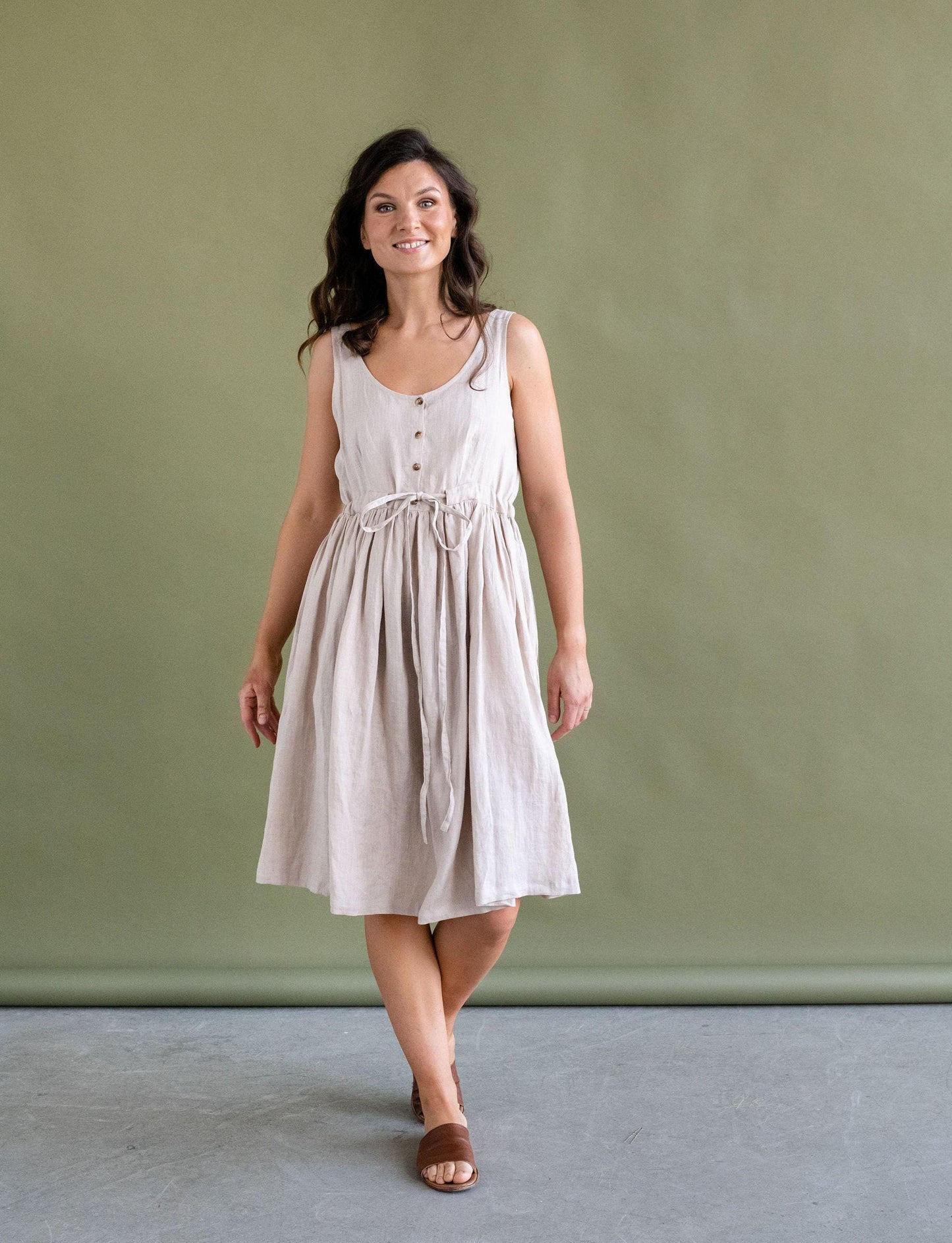 Linen Midi Dress in Beige by Solen Mara | Front Buttons & Pockets | Flowy Sleeveless Summer Linen Dress
