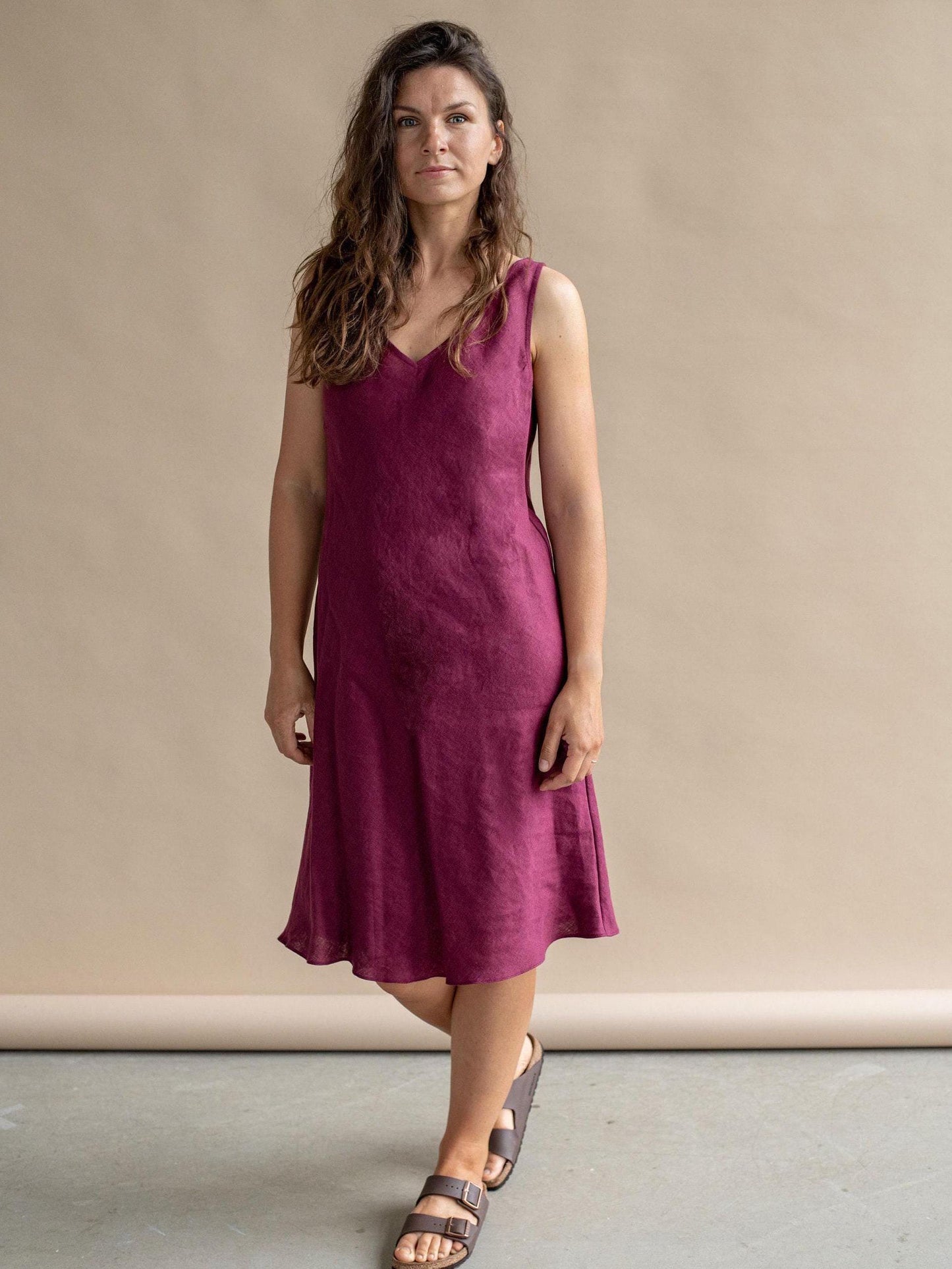 Simple Linen Dress by Solen Mara | Claret Red Color | Reversible V-Neck Sleeveless Dress | Midi Linen Summer Dress