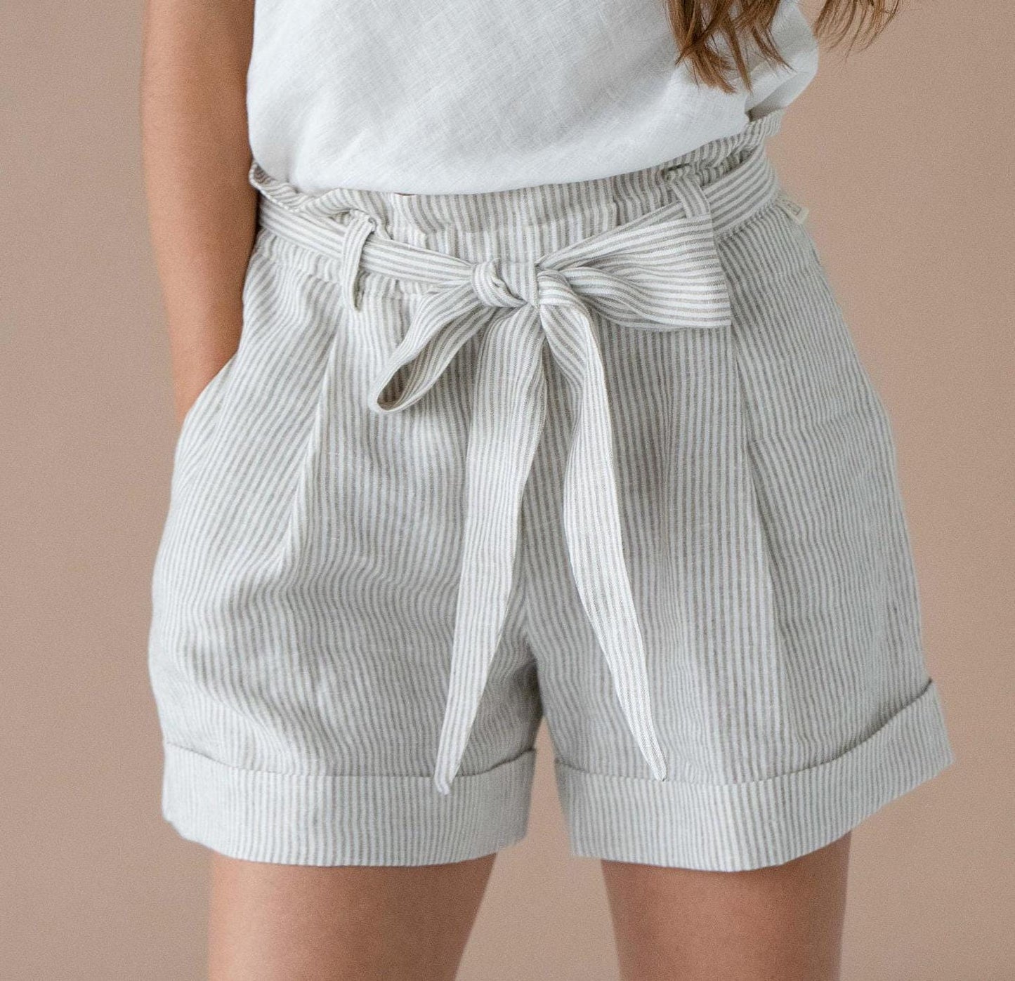 Striped Linen Shorts by Solen Mara | Pleated High-rise Pure Linen Shorts | Great For Summer & Beach | Cute Shorts For Women | Elastic Tie Waist