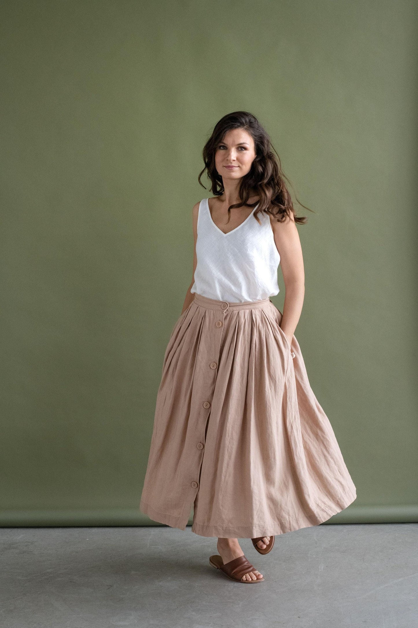 Linen Skirt With Buttons in Beige by Solen Mara | With Pockets | Maxi Length | High Waist A-Line Shape | Summer Skirt For Women