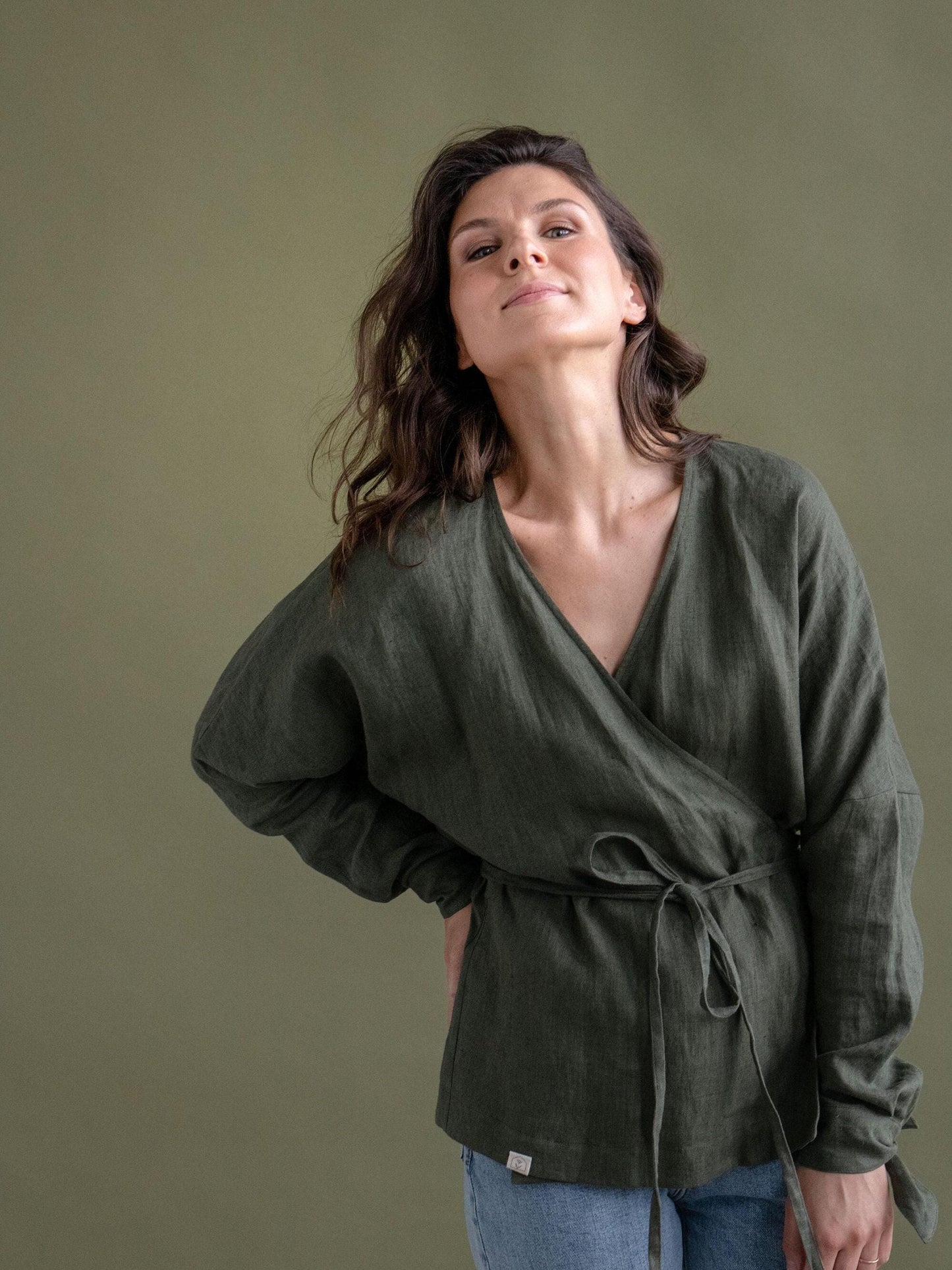Linen Kimono Wrap Top by Solen Mara | Green Linen V-Neck Blouse With Long Sleeves | Summer Resort Wear For Women