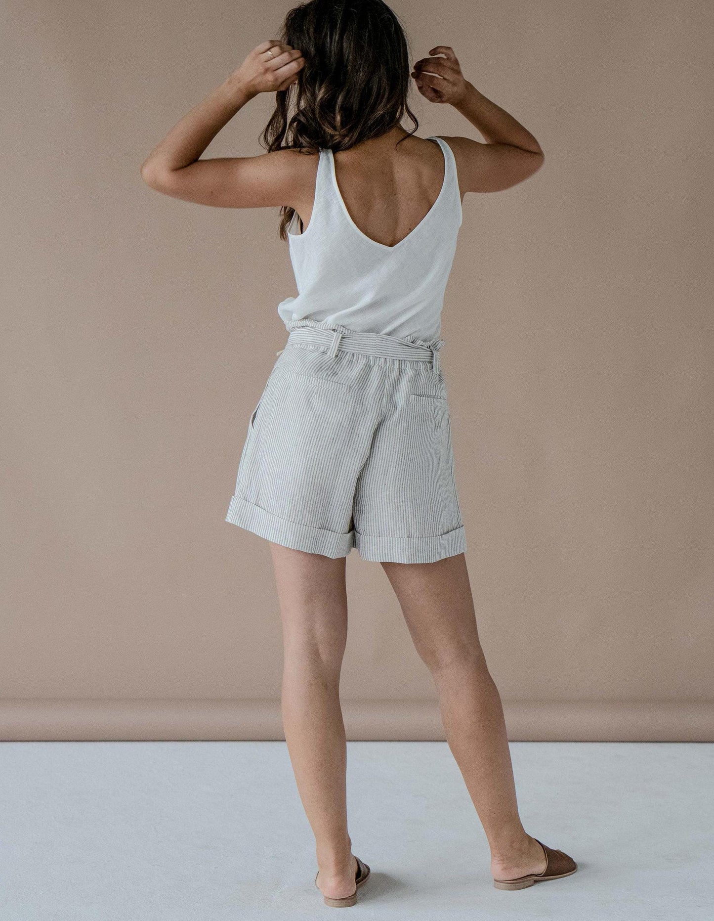 Striped Linen Shorts by Solen Mara | Pleated High-rise Pure Linen Shorts | Great For Summer & Beach | Cute Shorts For Women | Elastic Tie Waist