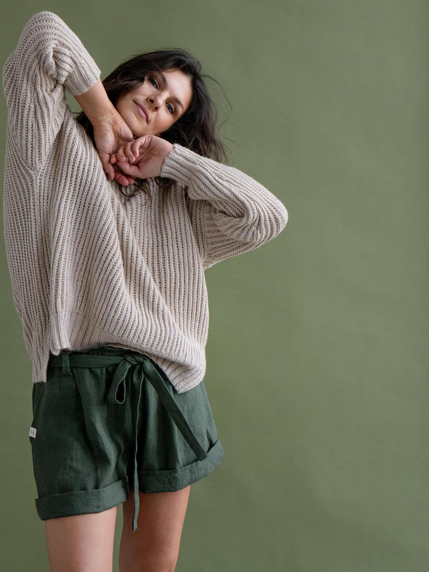 Green Linen Shorts by Solen Mara | Pleated High-rise Pure Linen Shorts, Great For Summer & Beach | Cute Shorts For Women | Elastic Tie Waist