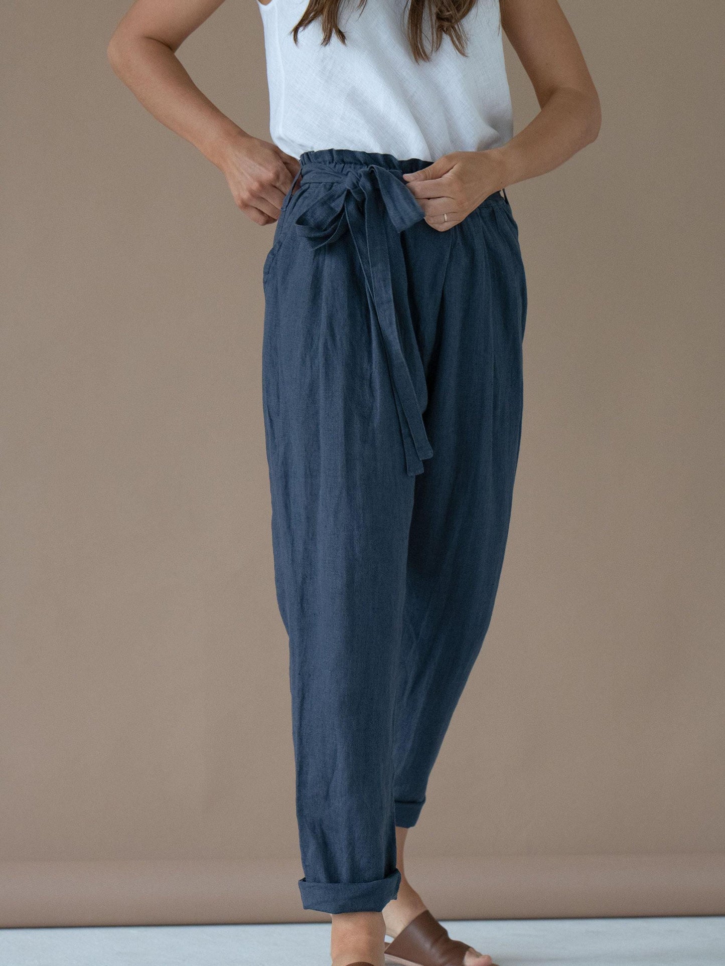 Blue Linen Pants | Elastic Waist | Women's Summer Beach Pants | Relaxed Fit | Pull On Pants | Linen Adjustable Capri Pants | Women & Ladies