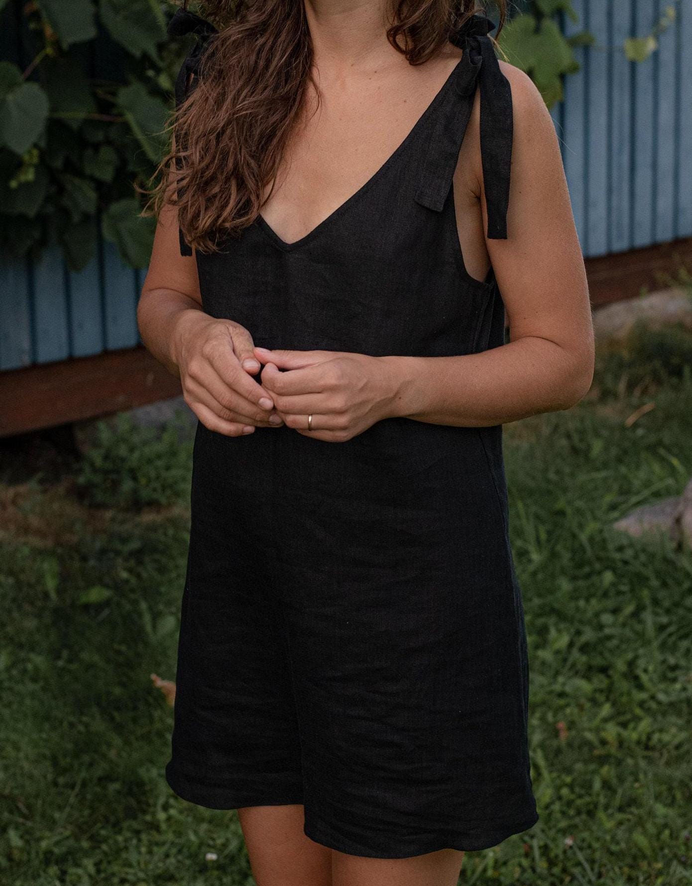 Simple Linen Mini Dress by Solen Mara | Black V-Neck Linen Dress | Short Linen Summer Dress For Women