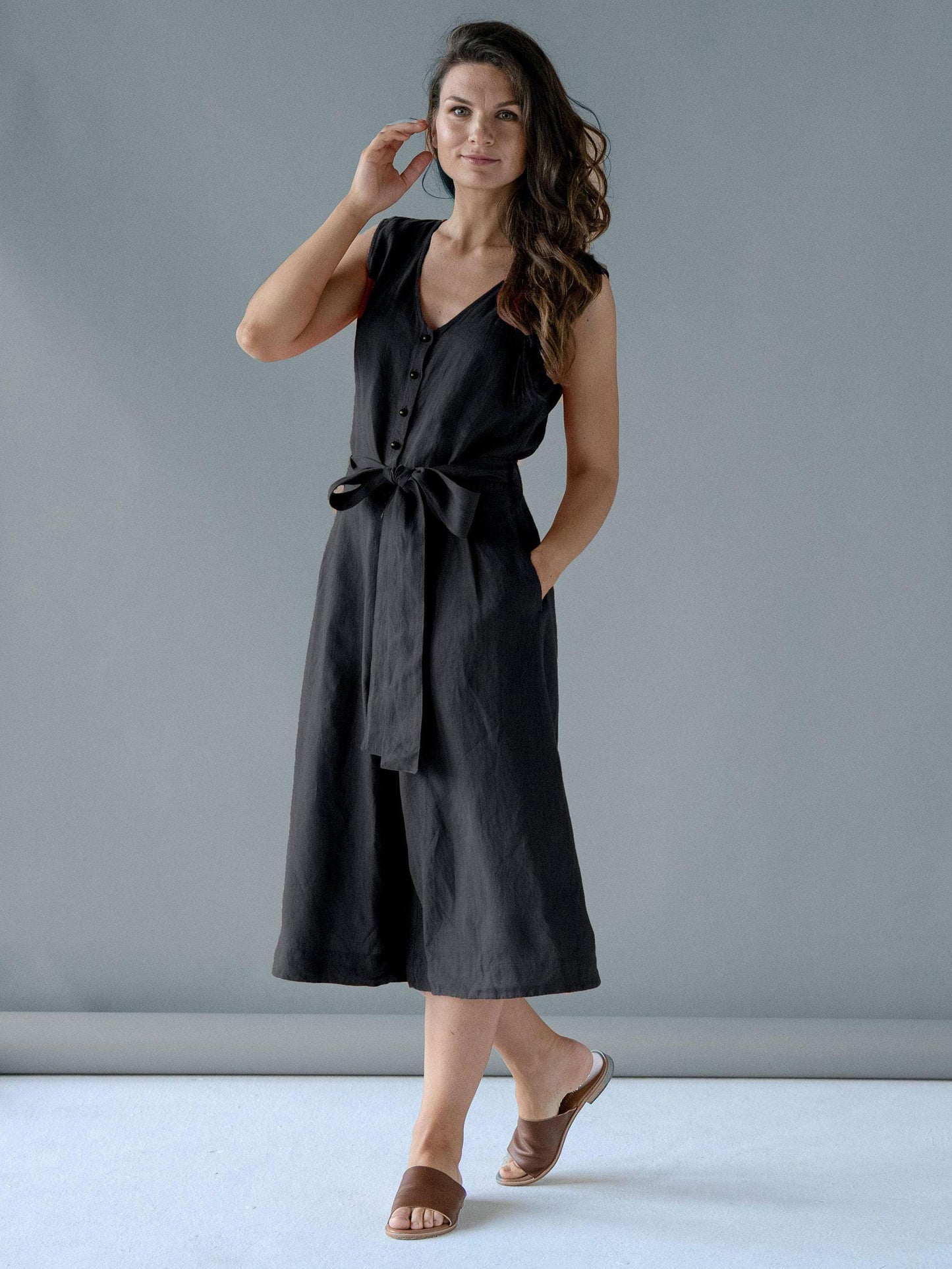 Linen Jumpsuit in Black by Solen Mara | Romper With Wide Legs & Pockets | Women Sleeveless Overall For Summer | Timeless Resort Wear