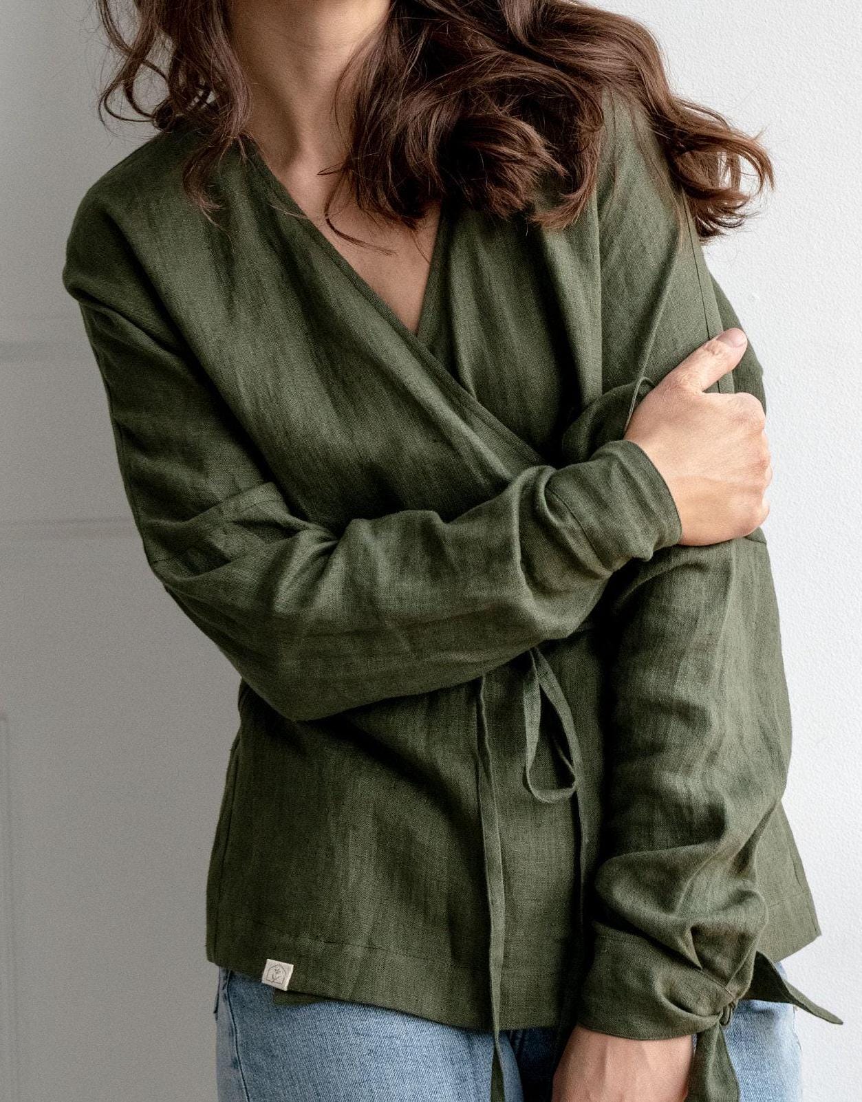 Linen Kimono Wrap Top by Solen Mara | Green Linen V-Neck Blouse With Long Sleeves | Summer Resort Wear For Women
