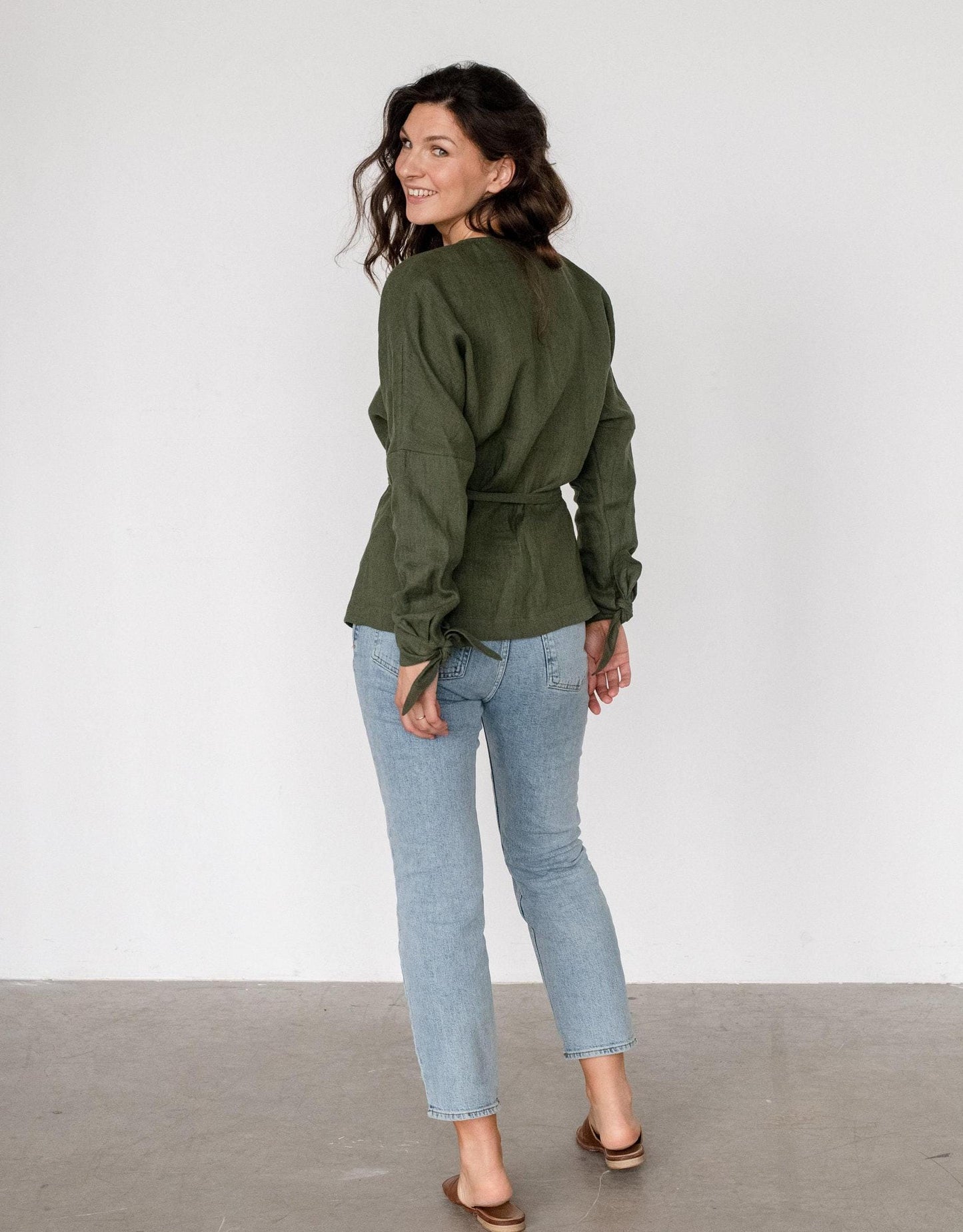 Linen Kimono Wrap Top by Solen Mara | Green Linen V-Neck Blouse With Long Sleeves | Summer Resort Wear For Women
