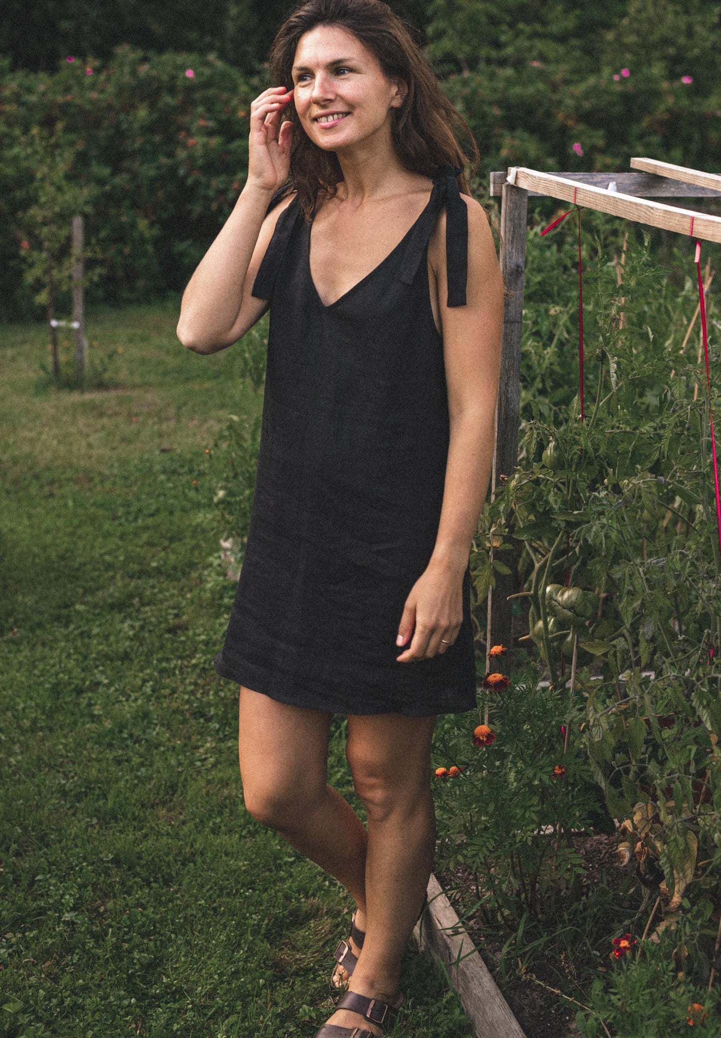 Simple Linen Mini Dress by Solen Mara | Black V-Neck Linen Dress | Short Linen Summer Dress For Women
