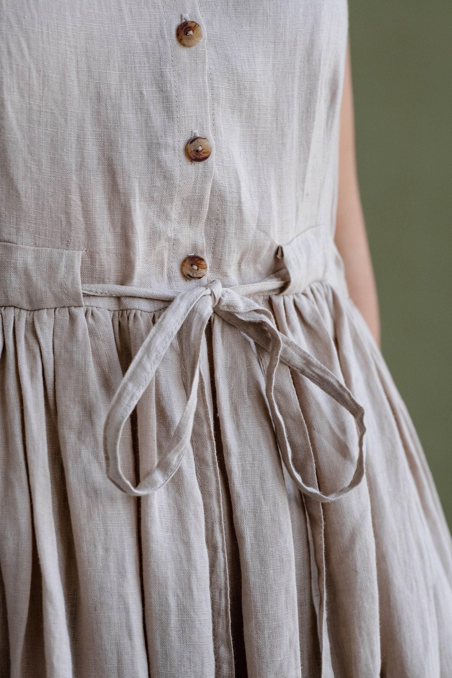 Linen Midi Dress in Beige by Solen Mara | Front Buttons & Pockets | Flowy Sleeveless Summer Linen Dress