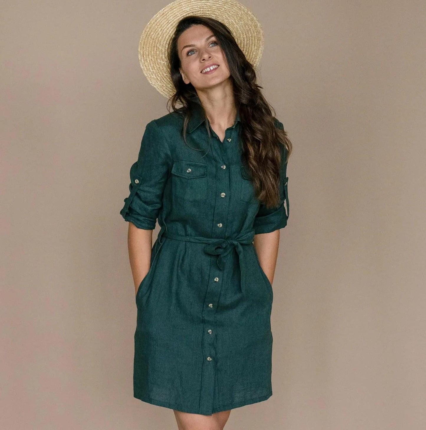 Linen Safari Dress by Solen Mara in Teal | Midi Collar Shirtdress | Front Buttons | With Utility Pockets, Roll Up Long Sleeve, Tie Waist