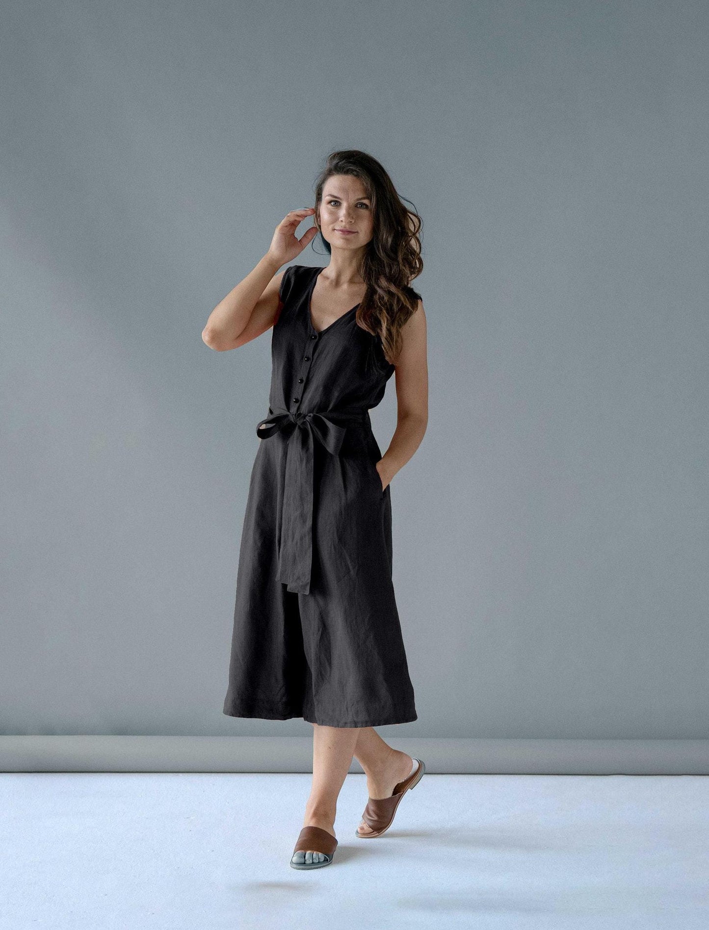 Linen Jumpsuit in Black by Solen Mara | Romper With Wide Legs & Pockets | Women Sleeveless Overall For Summer | Timeless Resort Wear
