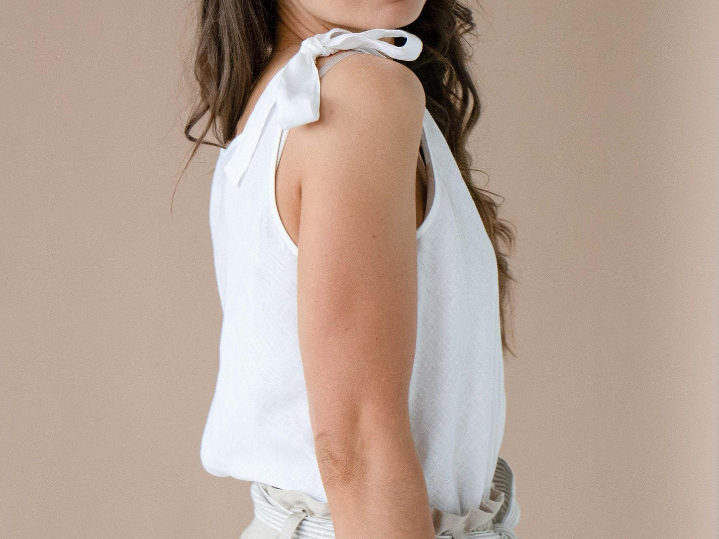 Linen Tank Top in White by Solen Mara | Shoulder Ribbons | V-Neck Loose Fit | Sleeveless Summer Linen Top For Women