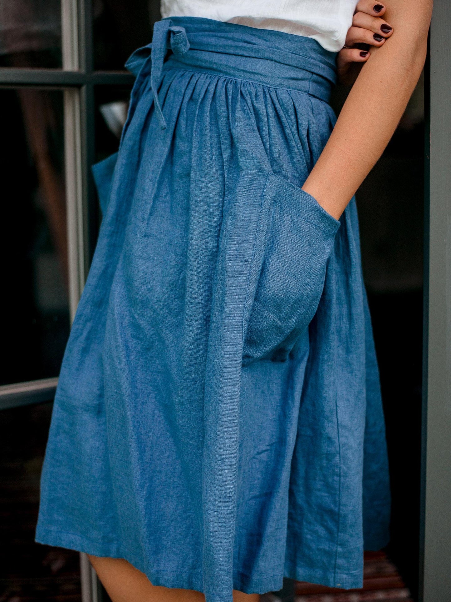Linen Midi Skirt With Tie Waist by Solen Mara | Women's Skirts For Summer | High Waist | Side Pockets | Teal Blue Color